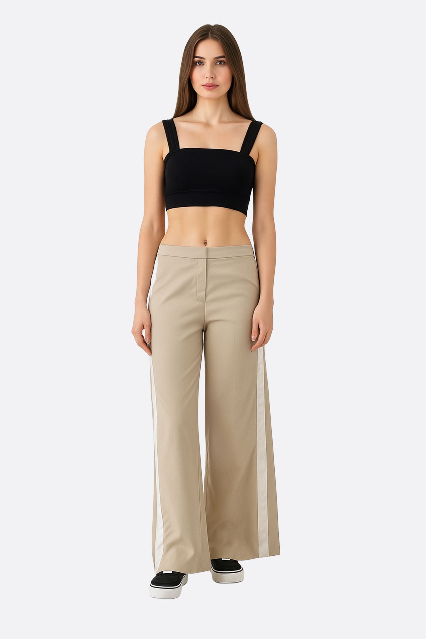 Pantalon large décontracté beige à bandes contrastantes blanches - MISCIANO