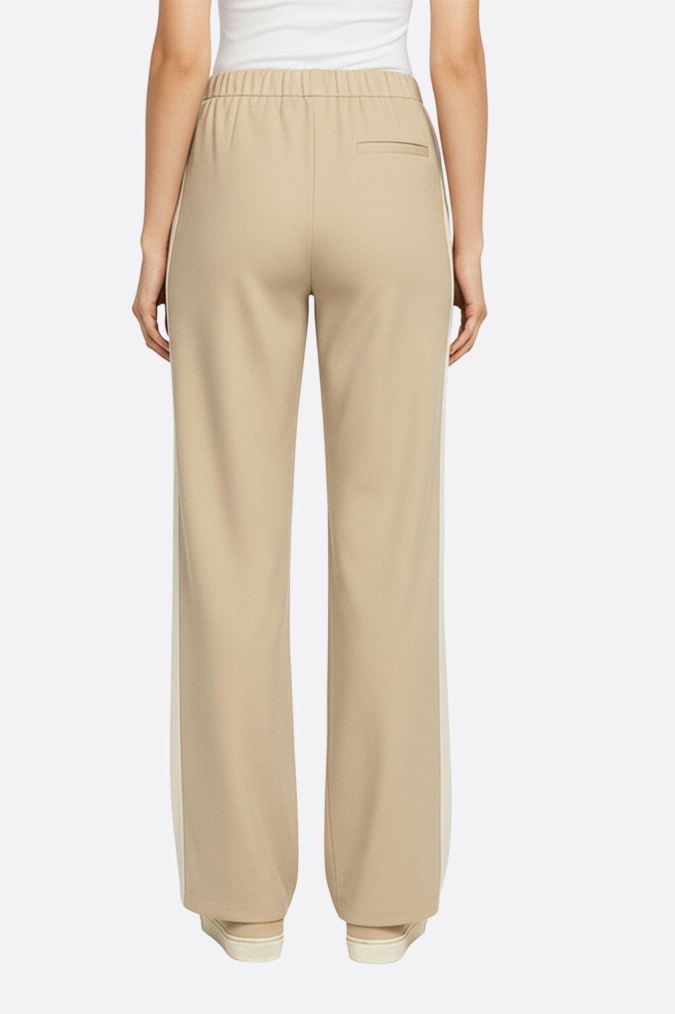 Beiger, eleganter Stoff-Hosen mit weißen Akzenten, perfekt für einen schicken Alltagslook oder Büroanlässe.