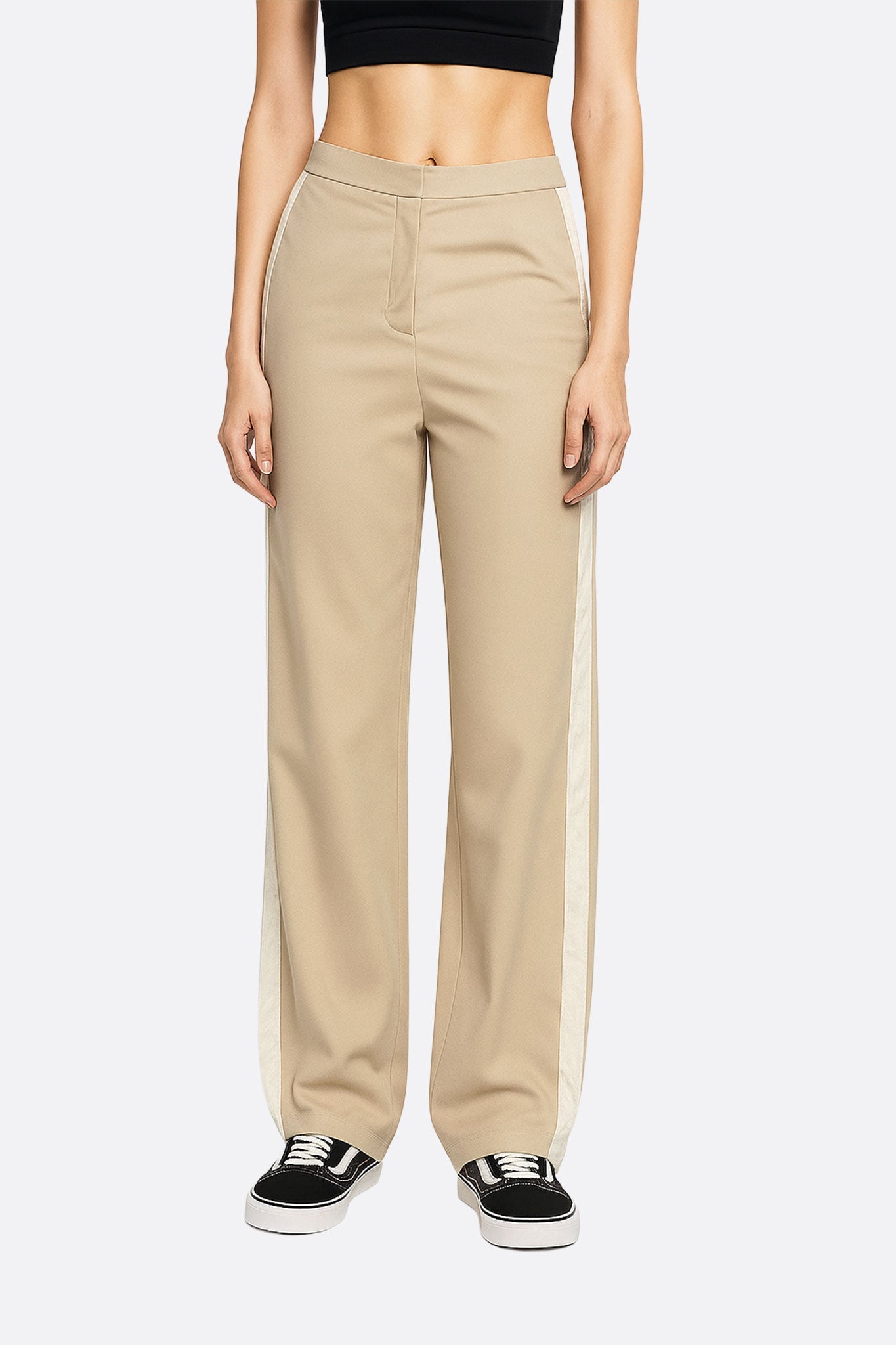 Pantalon large décontracté beige à bandes contrastantes blanches - MISCIANO