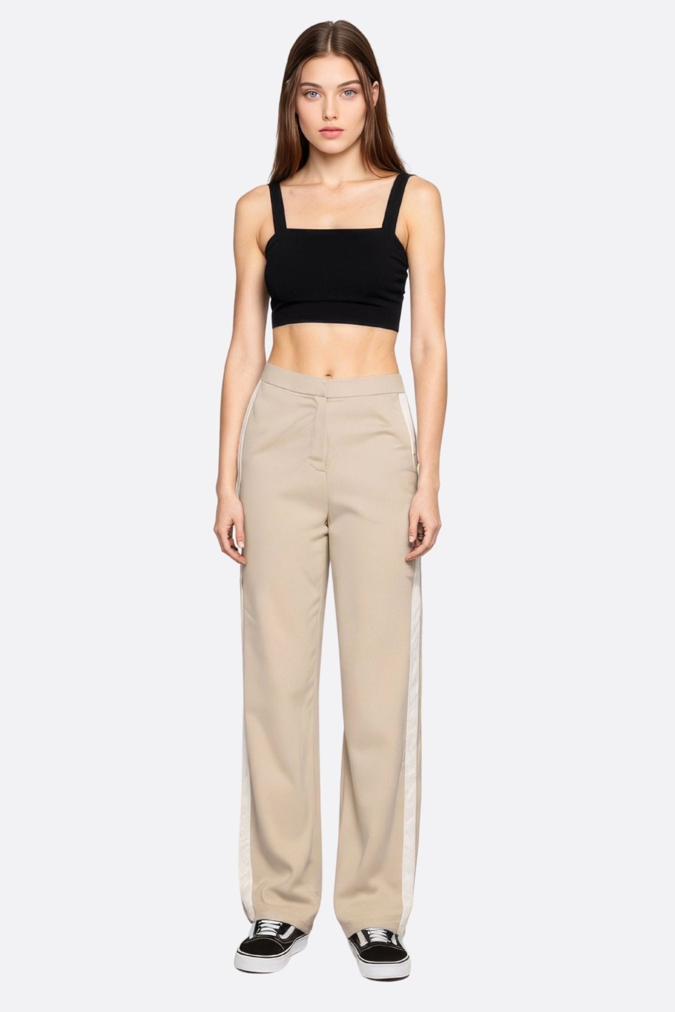 Pantalon large décontracté beige à bandes contrastantes blanches - MISCIANO