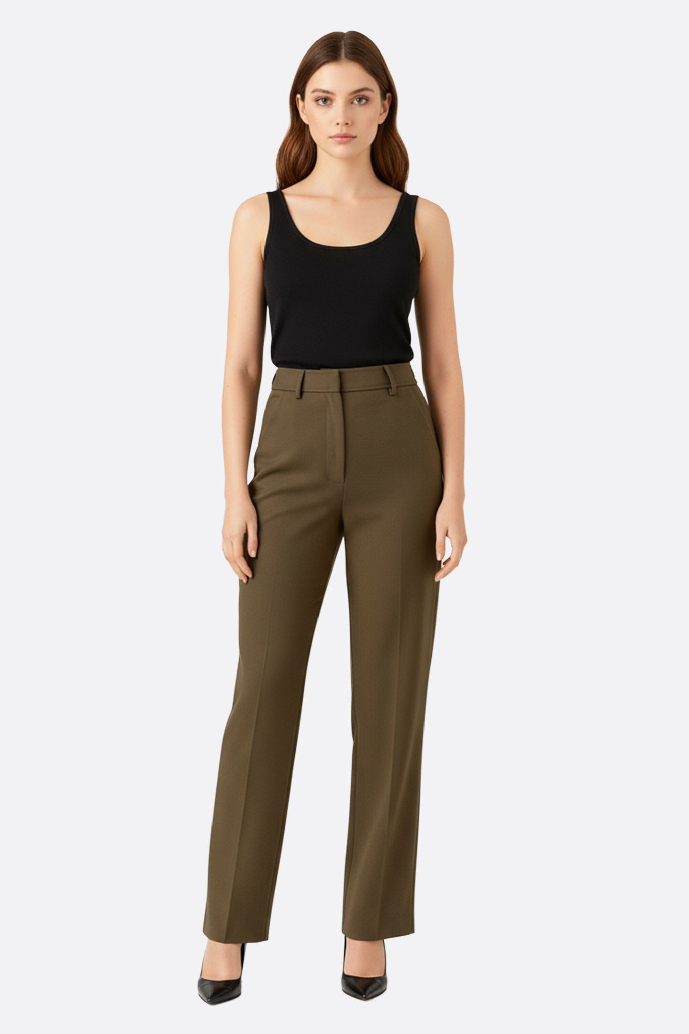 Pantalone ampio a vita alta color kaki, vista laterale che mette in risalto la linea elegante e il tessuto confortevole,...