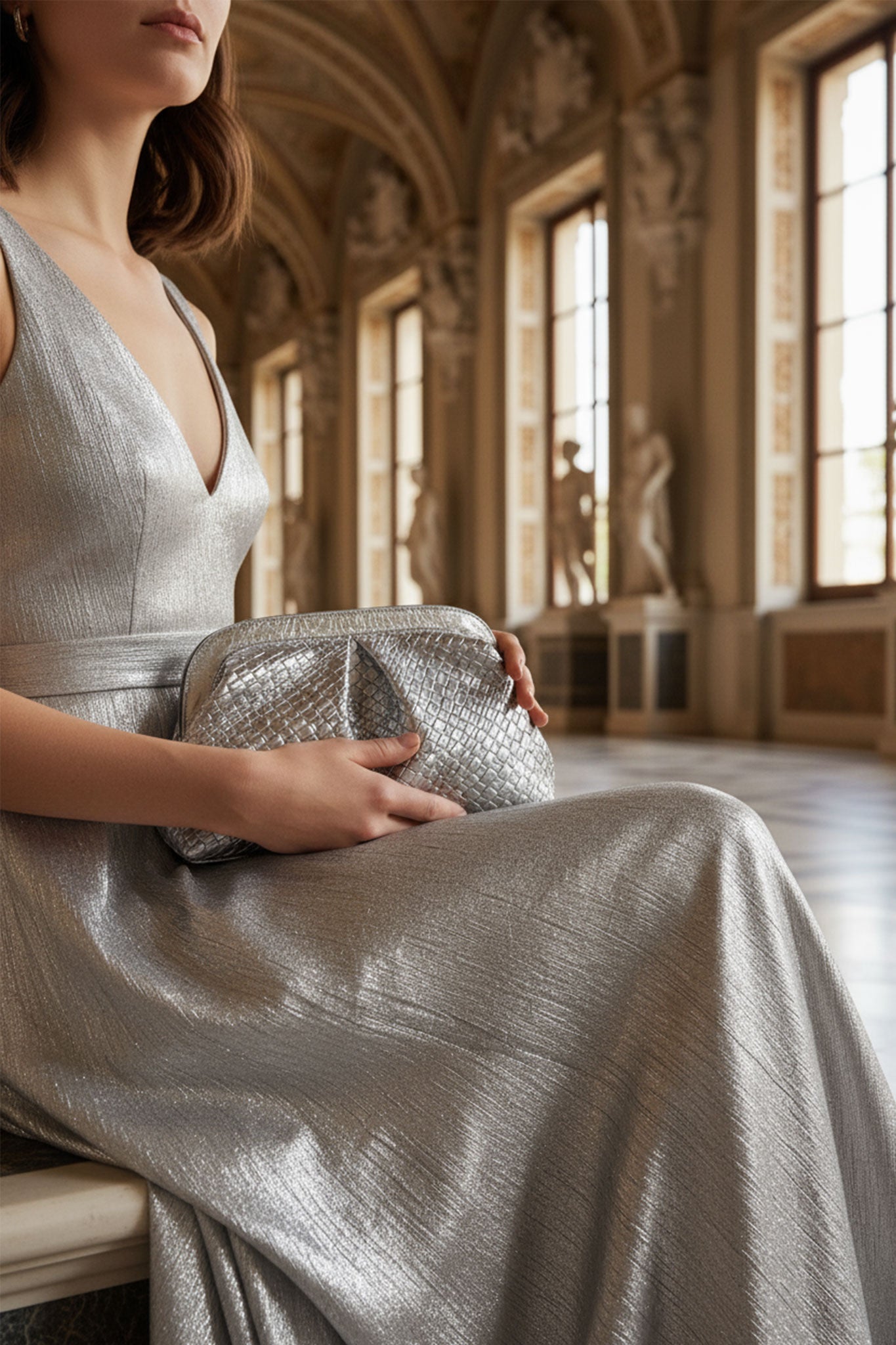 
Détail d'une pochette argentée à motif tissé, idéale pour ajouter une note raffinée à vos ensembles de soirée chic.



