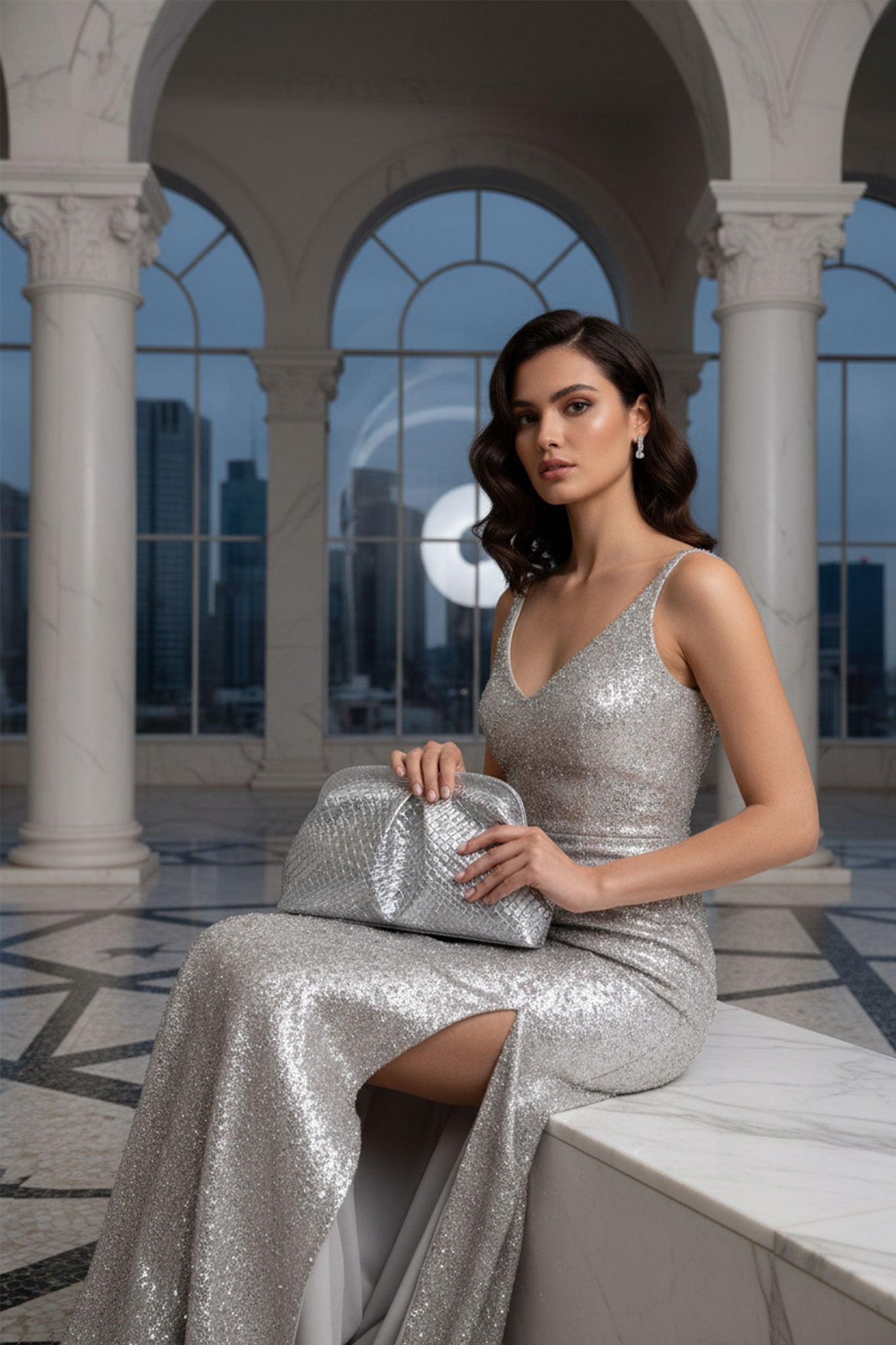 Cartera de mano plateada con efecto tejido, un accesorio elegante perfecto para complementar tus looks en ocasiones...