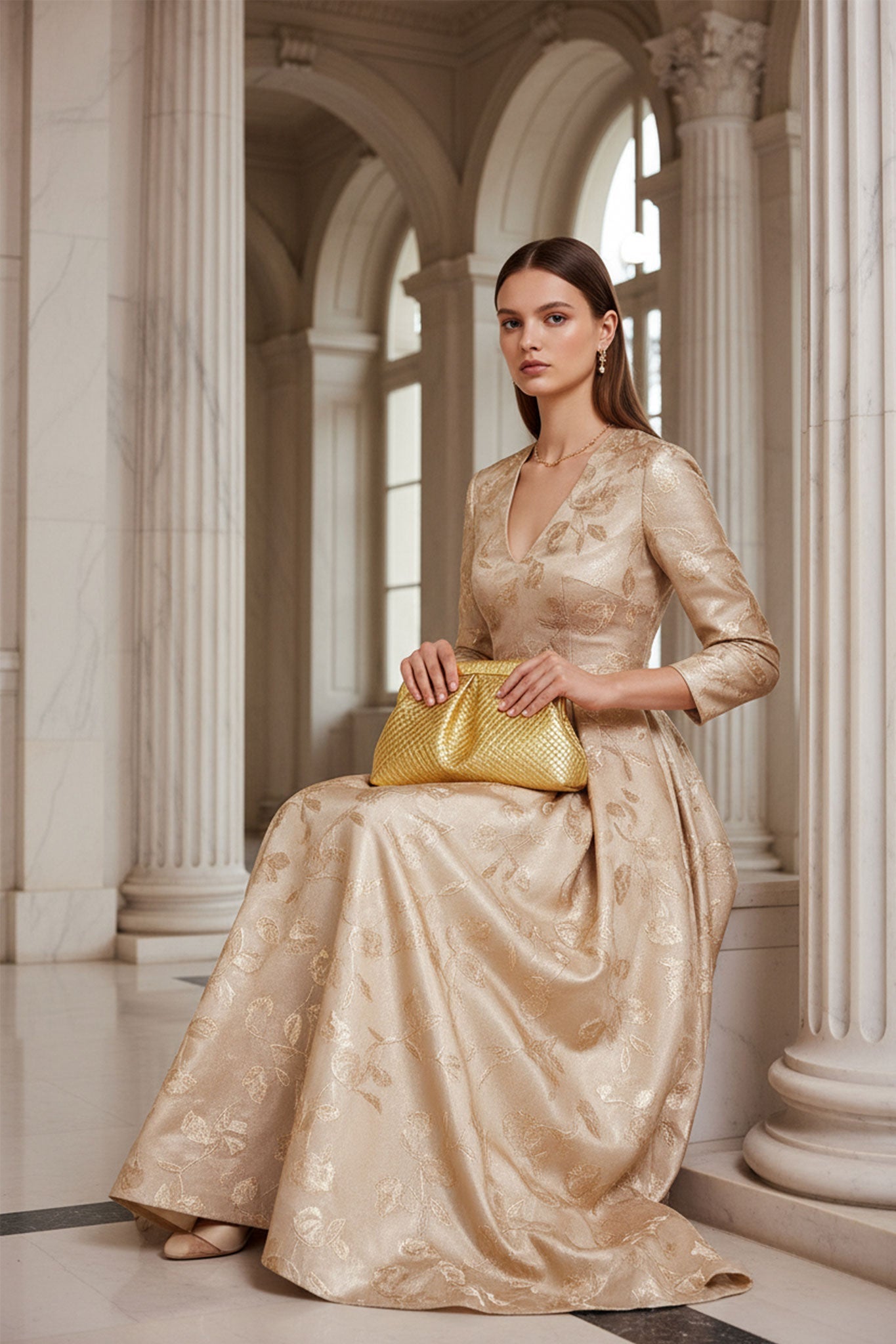 Clutch dorado con efecto plisado, un accesorio lujoso para elevar tus looks en fiestas y eventos especiales.