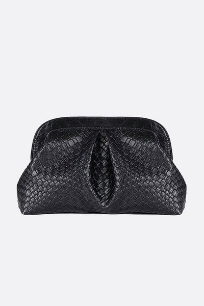 
Pochette noire à finition tissée, accessoire chic pour compléter une tenue de soirée ou un événement spécial.



