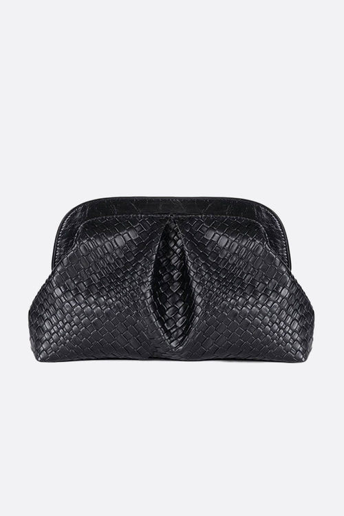 
Pochette noire à finition tissée, accessoire chic pour compléter une tenue de soirée ou un événement spécial.



