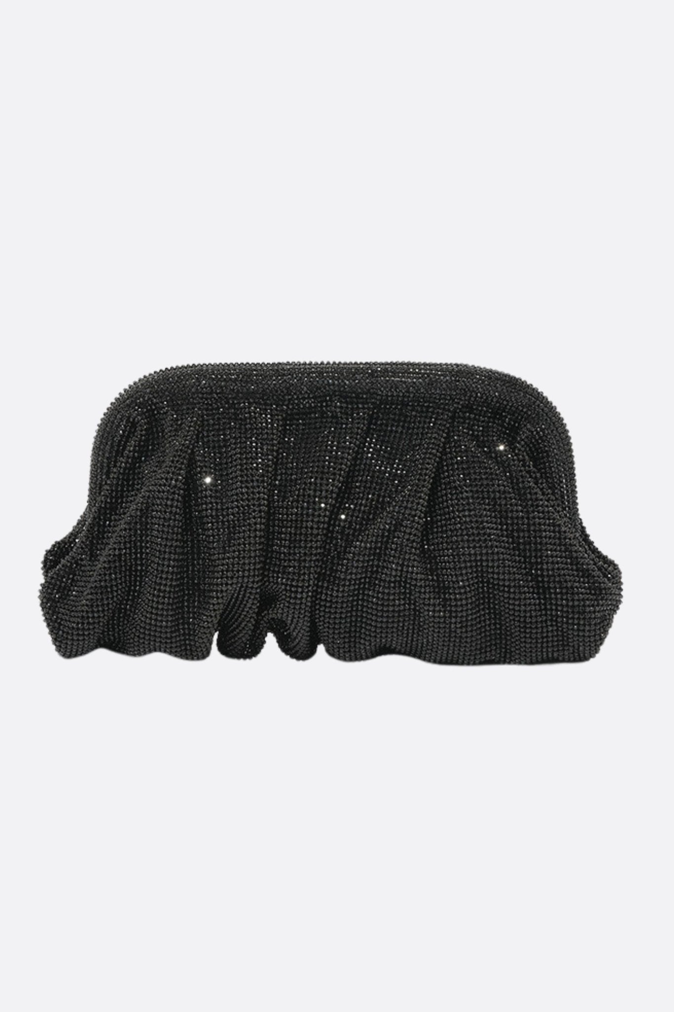 Elegant black evening clutch with pleated design and shimmering crystals, perfect for sophisticated night outs.