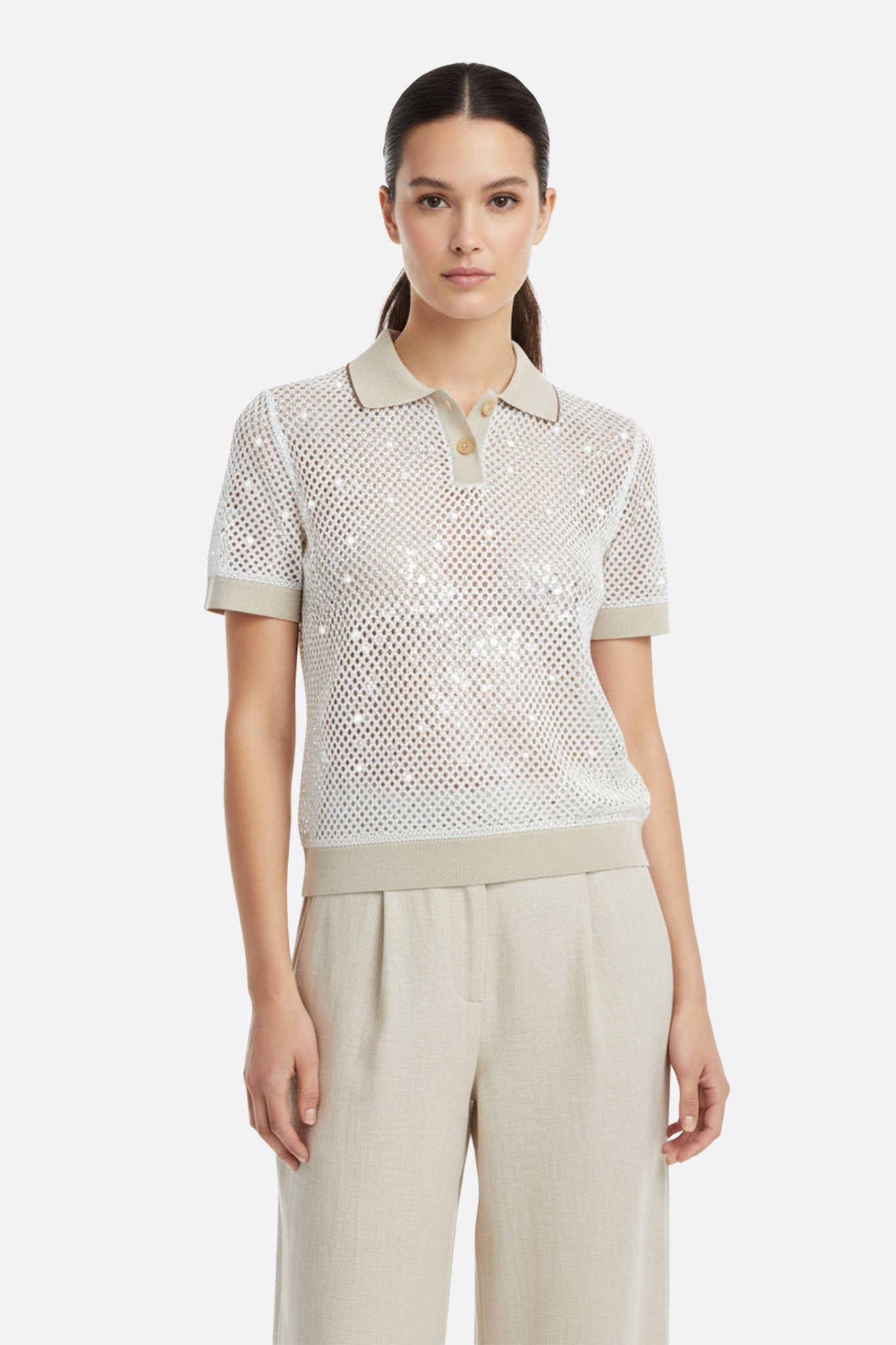 Pull manches courtes Misciano, maille ajourée ivoire avec sequins ton sur ton, coupe polo chic