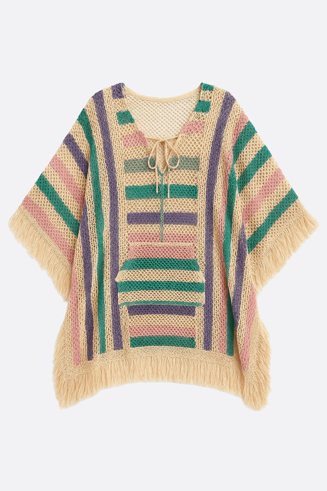 Angled perspective of a vibrant crochet beach poncho with hood, emphasizing its colorful stripes and perfect for seaside...