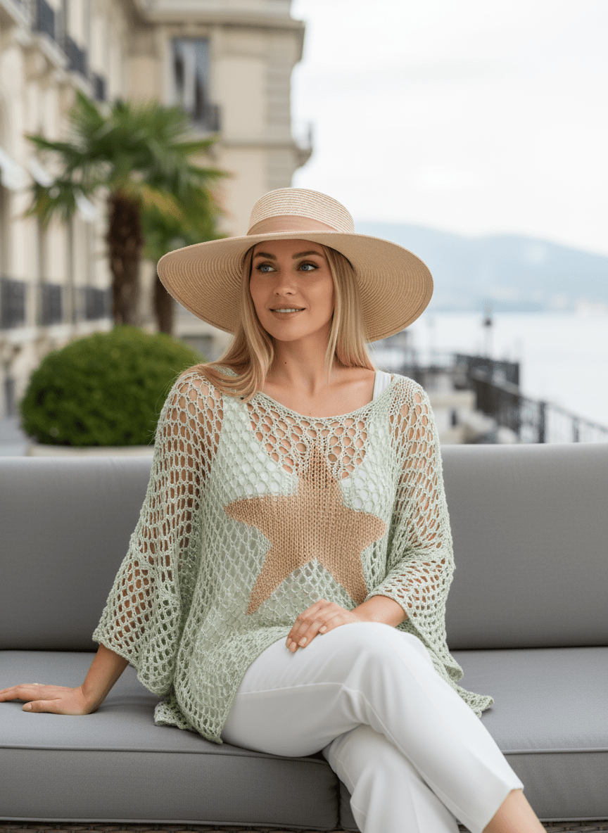 Poncho turquesa de tejido calado con diseño de estrellas, perfecto para un atuendo veraniego fresco y a la moda.