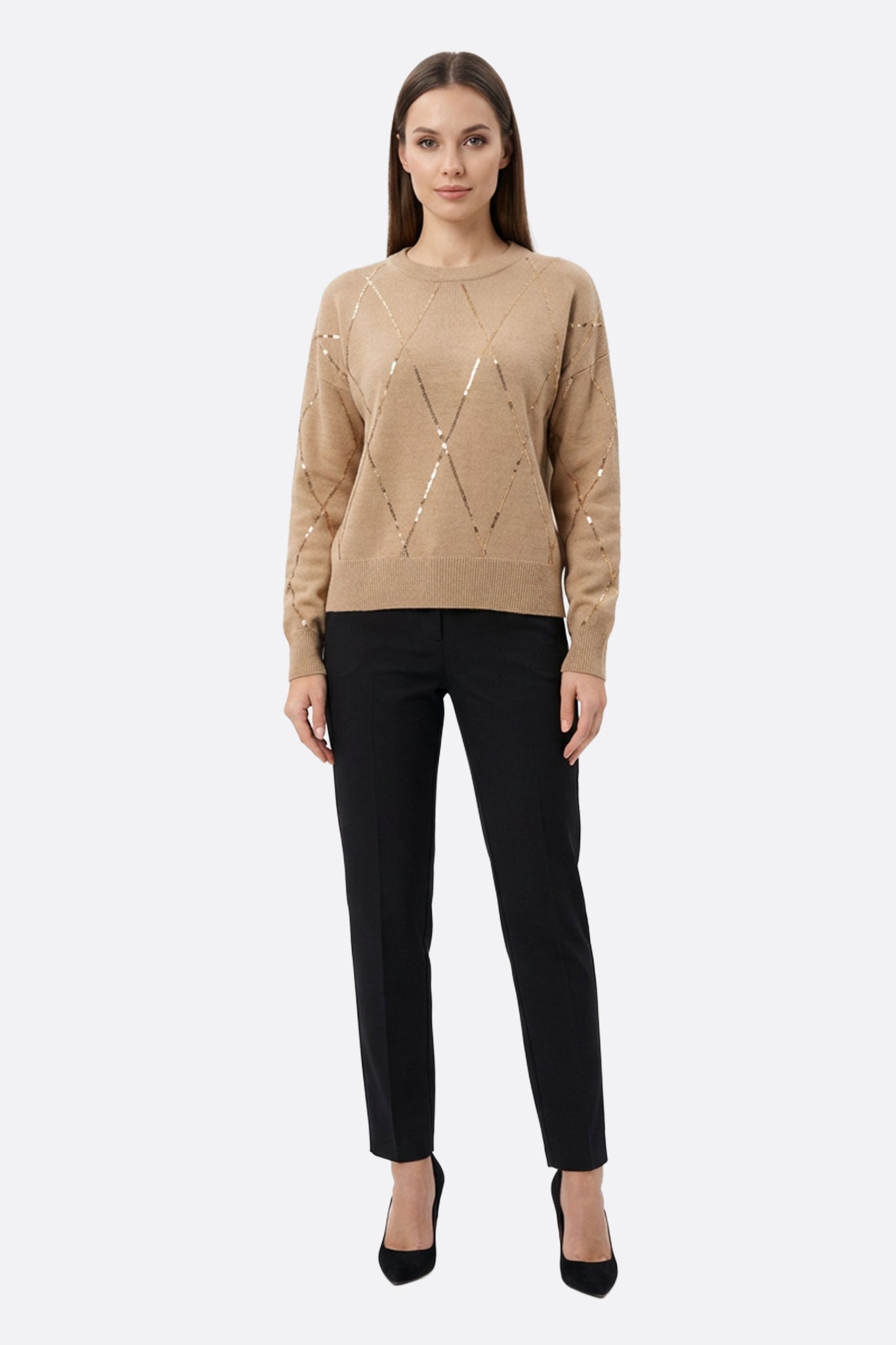 Pull beige en laine mélangée avec délicats sequins, parfait pour une tenue chic lors d'événements spéciaux ou au quotidien.