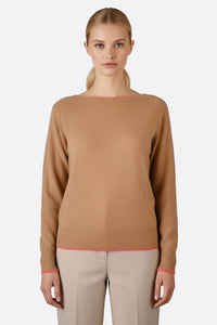 Пуловер бежевый из мериносовой шерсти и кашемира с контрастными отделками ярко-розового цвета