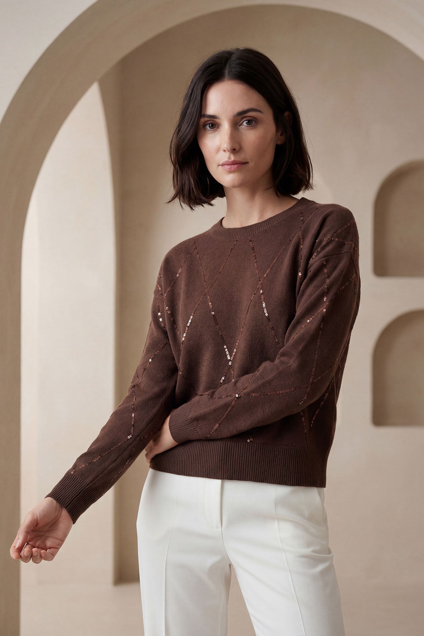 Pull marron en laine mélangée à détails scintillants - Misciano