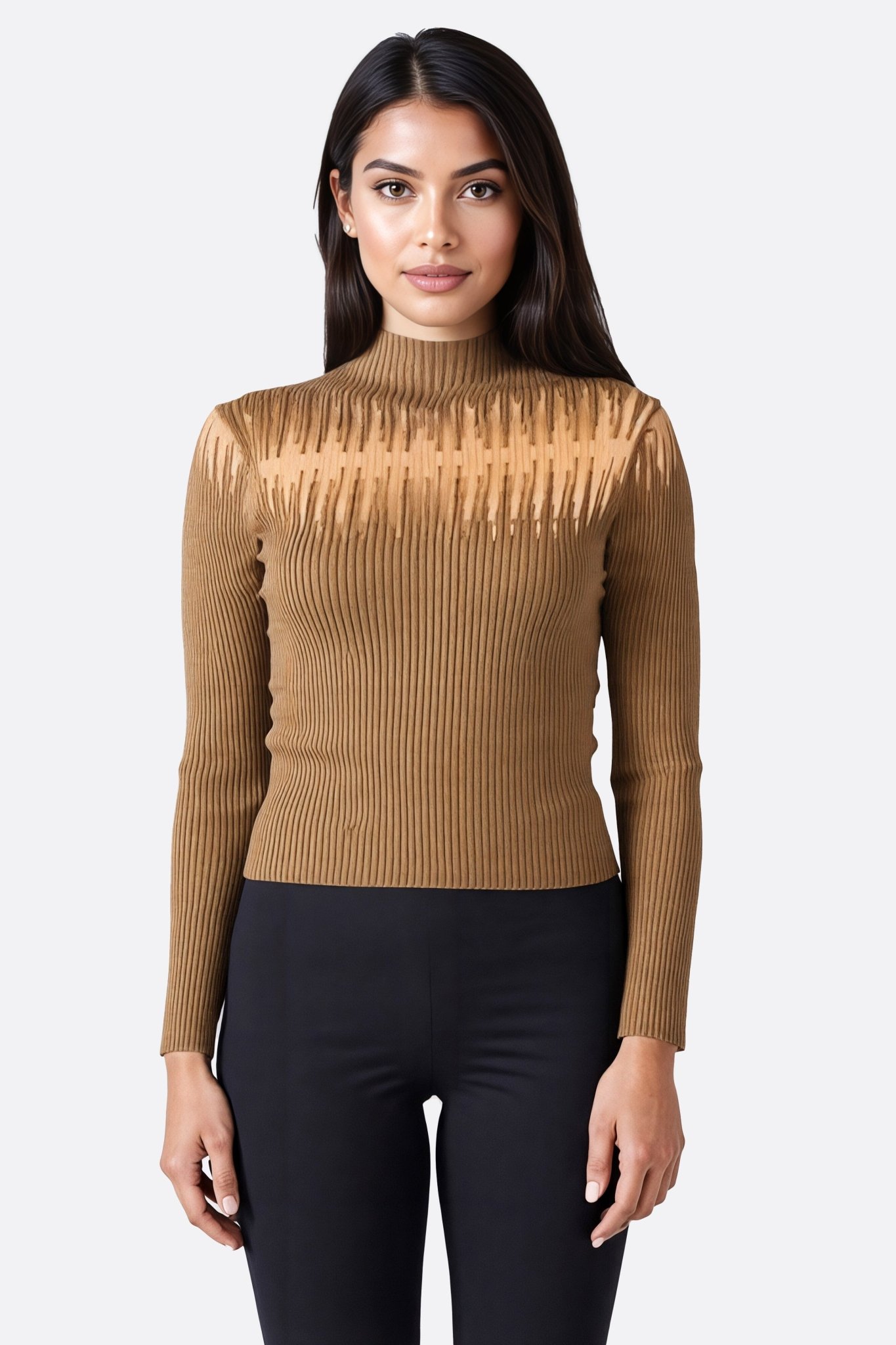 Pull marron fin à manches longues à enpiècement nude transparent - MISCIANO