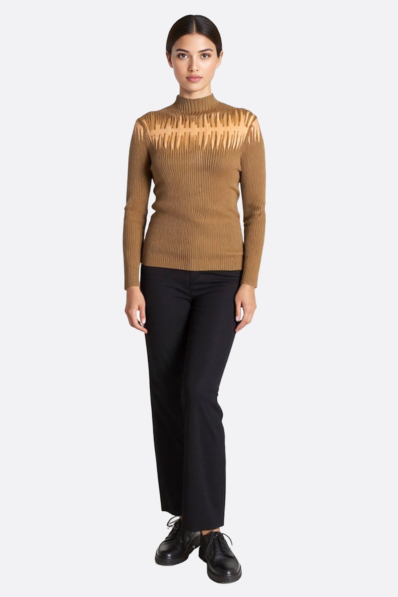 Pull marron fin à manches longues à enpiècement nude transparent - MISCIANO