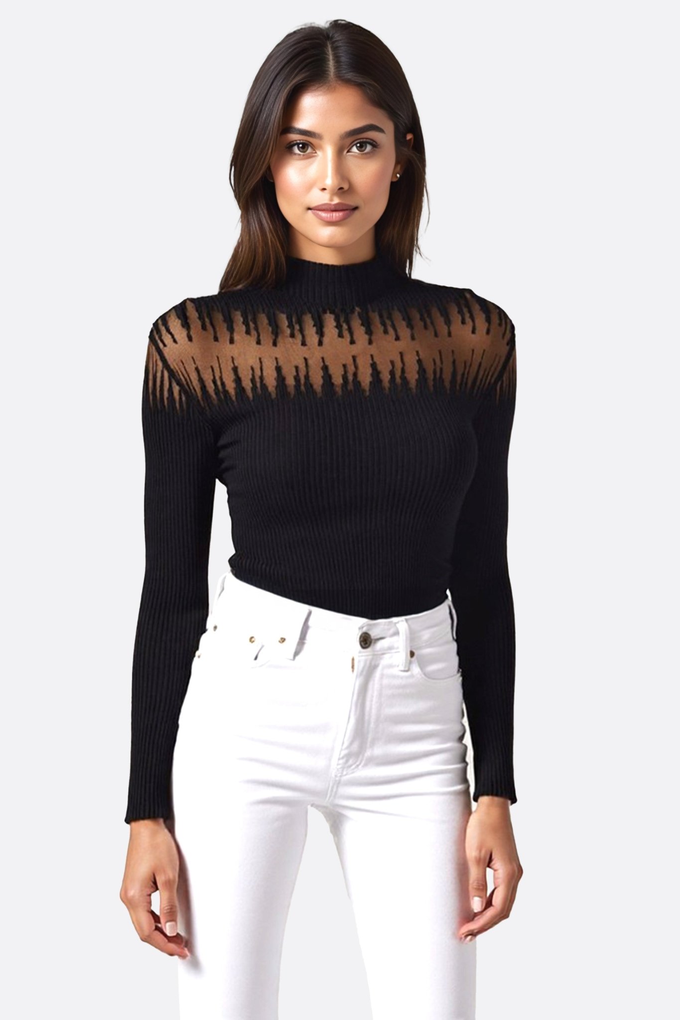 Pull noir fin à manches longues à enpiècement nude transparent - MISCIANO