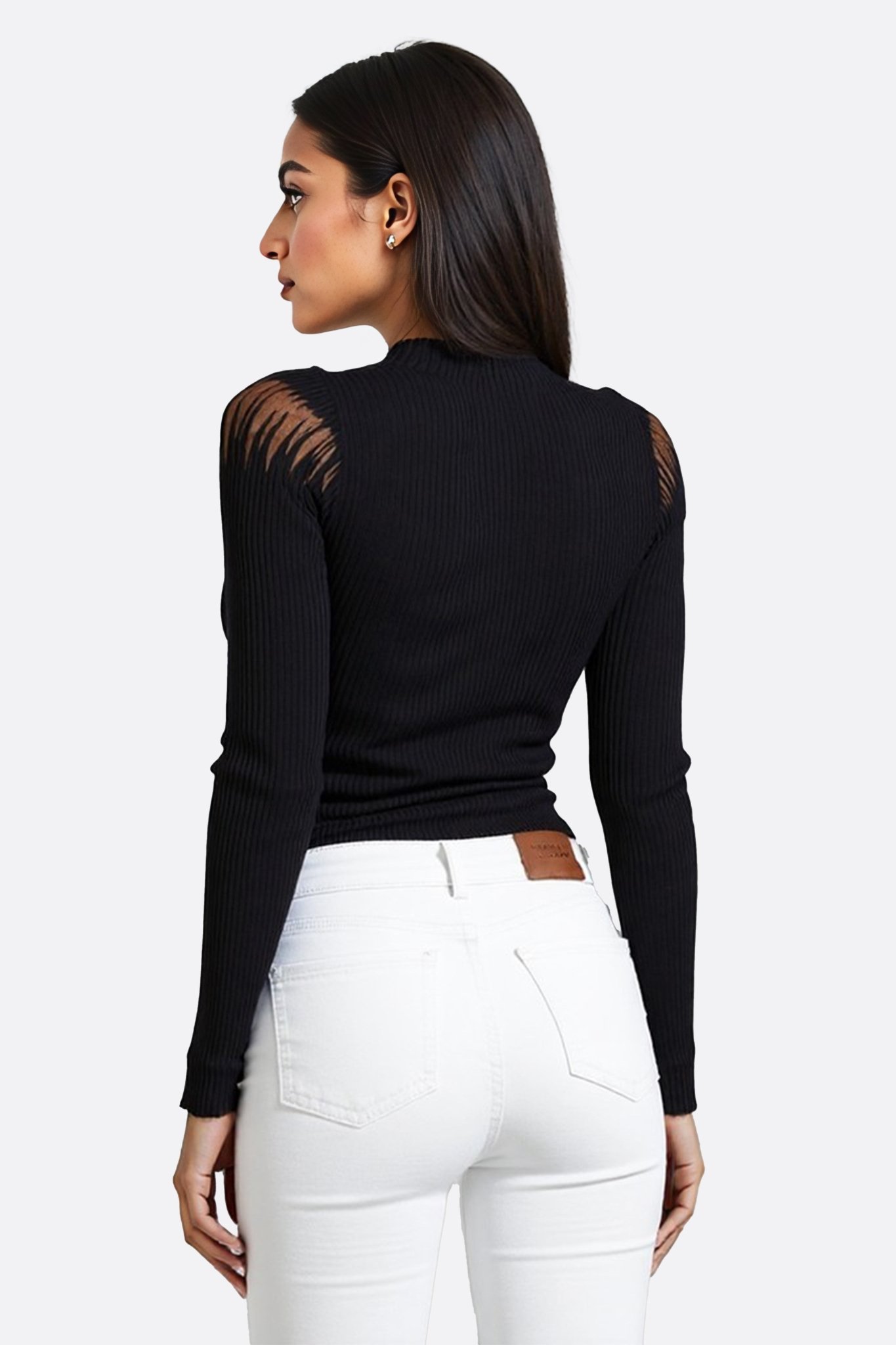 Pull noir fin à manches longues à enpiècement nude transparent - MISCIANO
