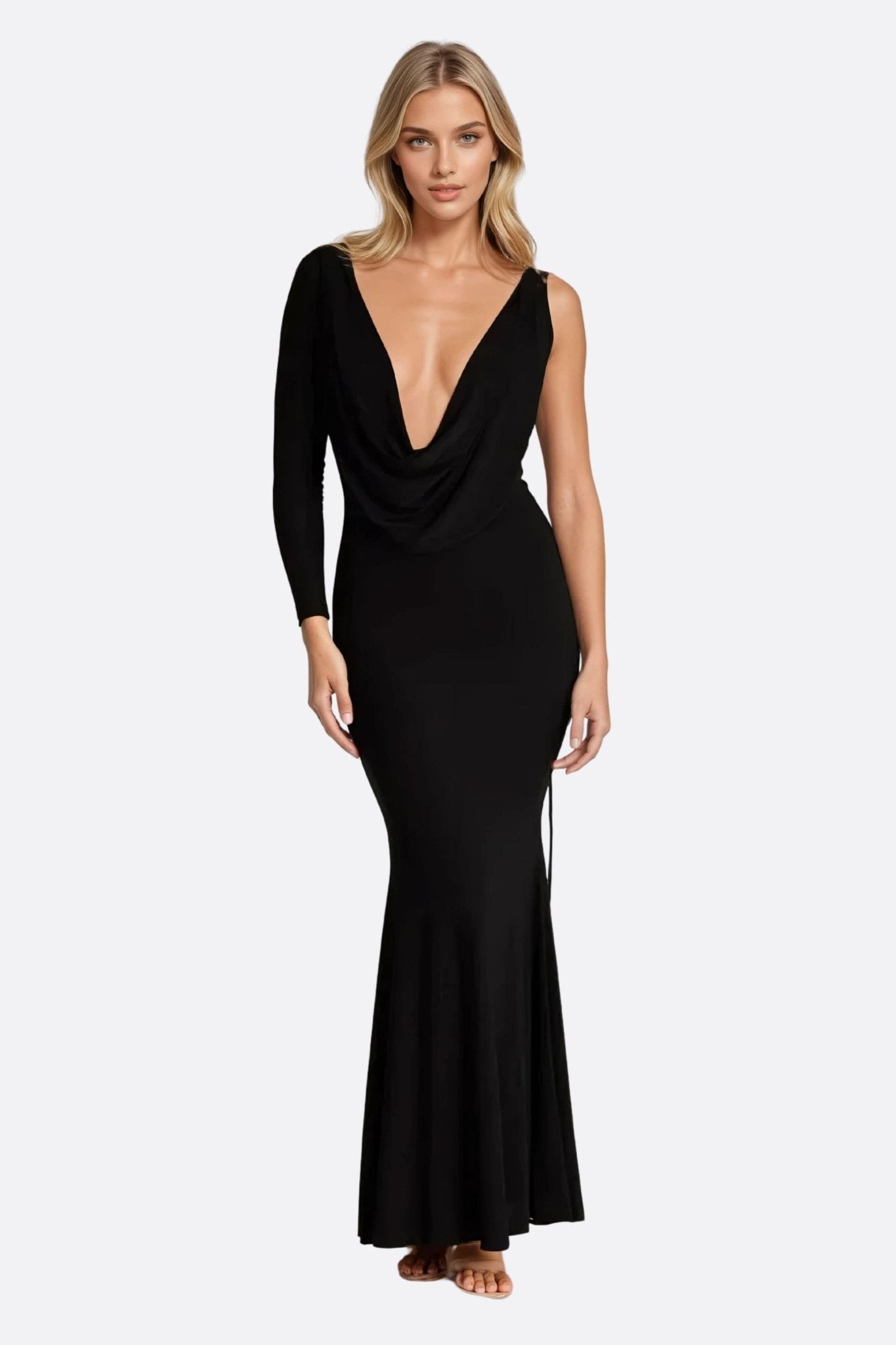 Robbe longue noire col bénitier plongeant et cordons - MISCIANO