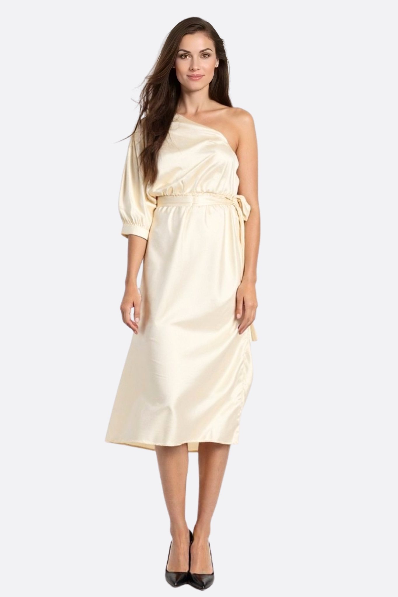 Robe asymétrique drapée en satin blanc écru - MISCIANO