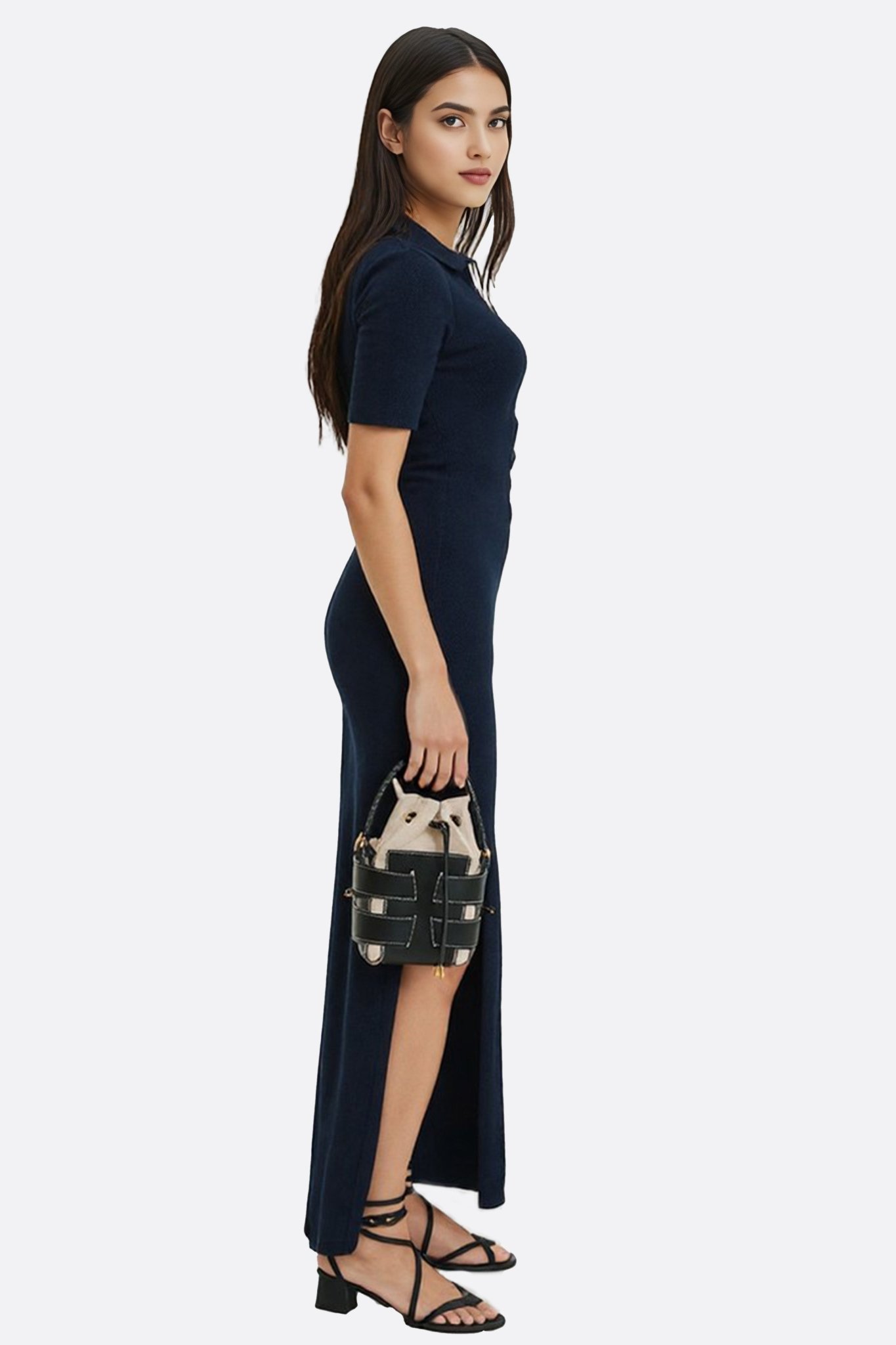 Robe chemise bleu marine longue à boutons et fente haute - MISCIANO