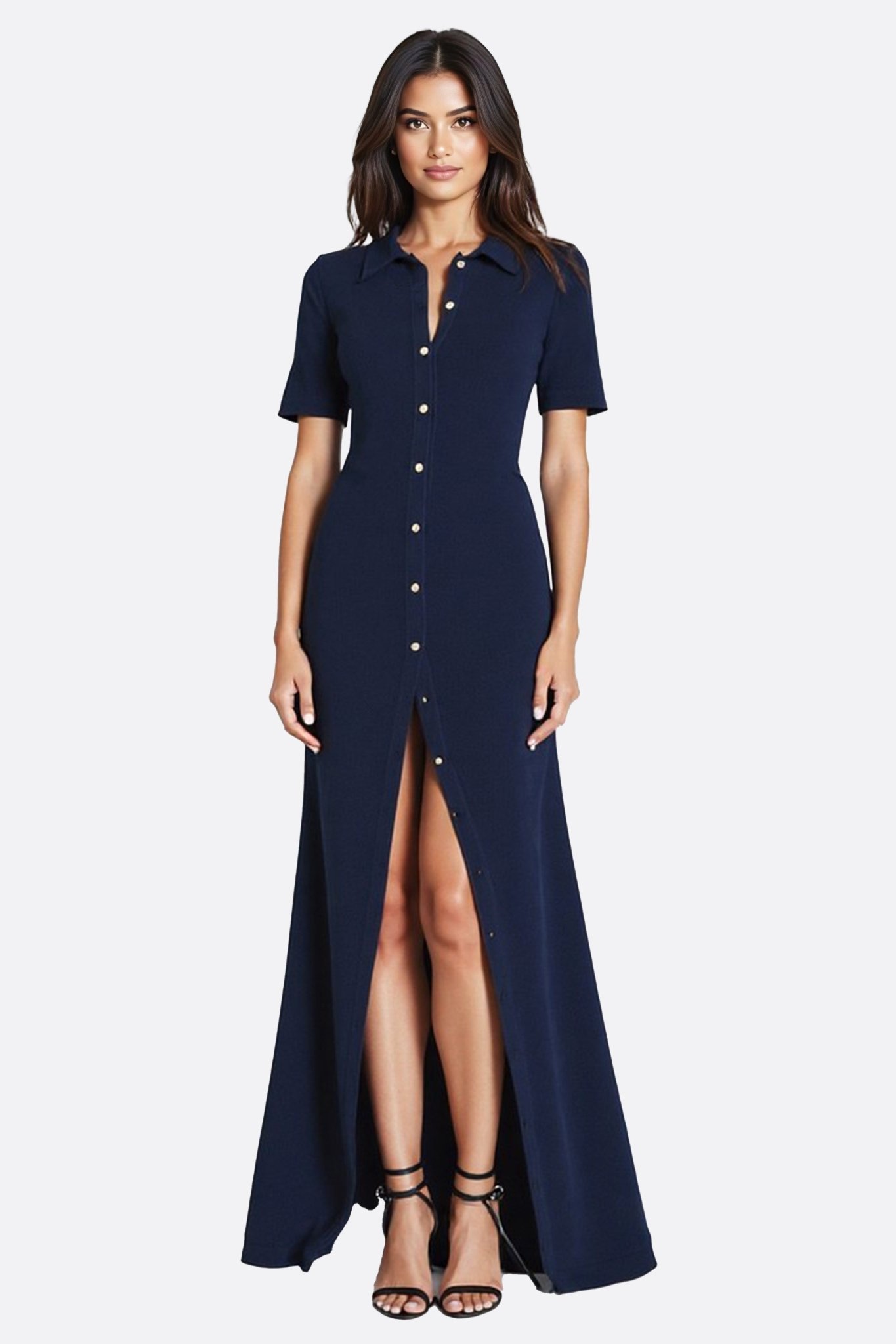 Robe chemise bleu marine longue à boutons et fente haute - MISCIANO
