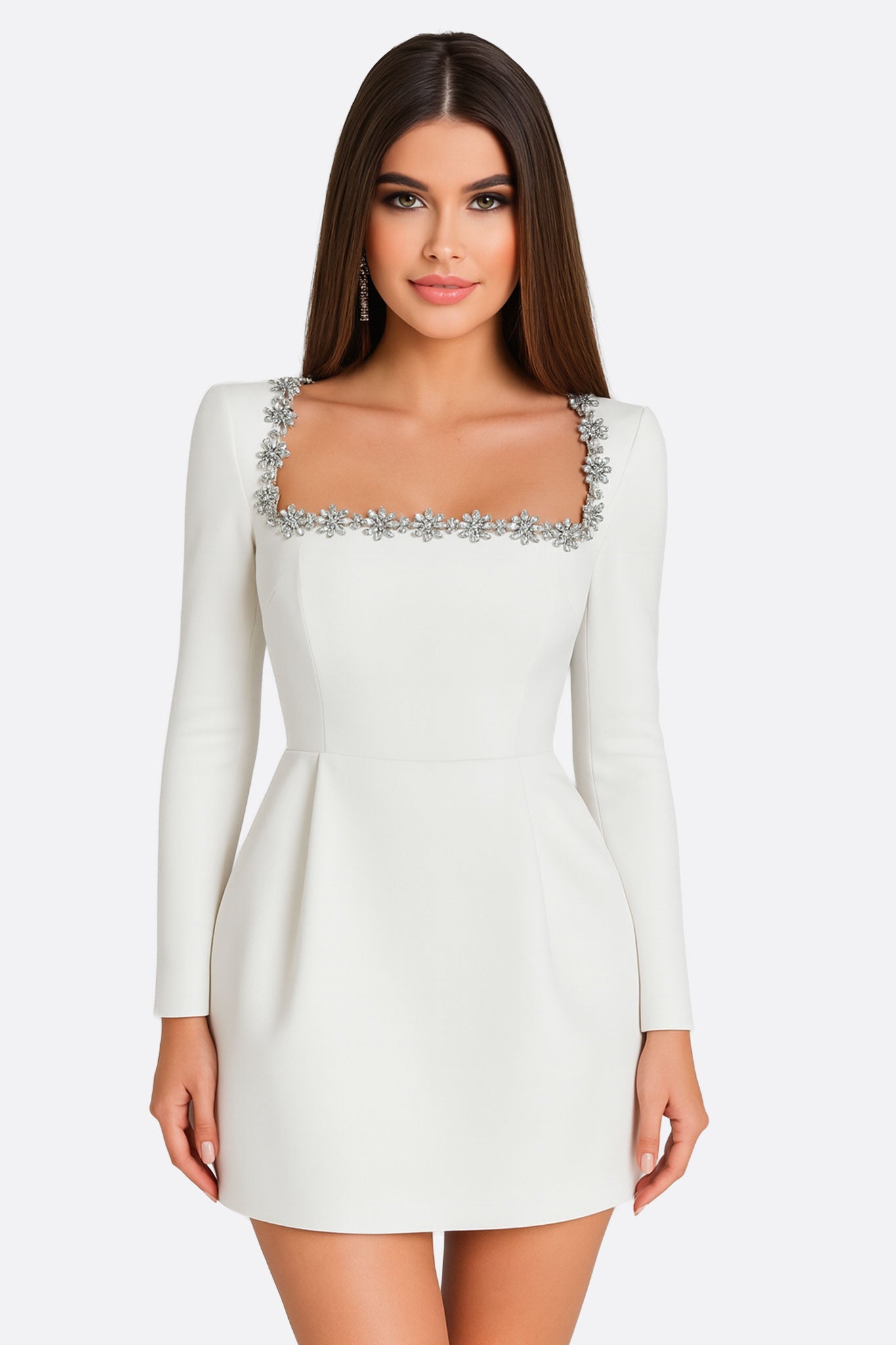 Weißes kurzes Kleid aus Krepp mit Schmuckdetails 