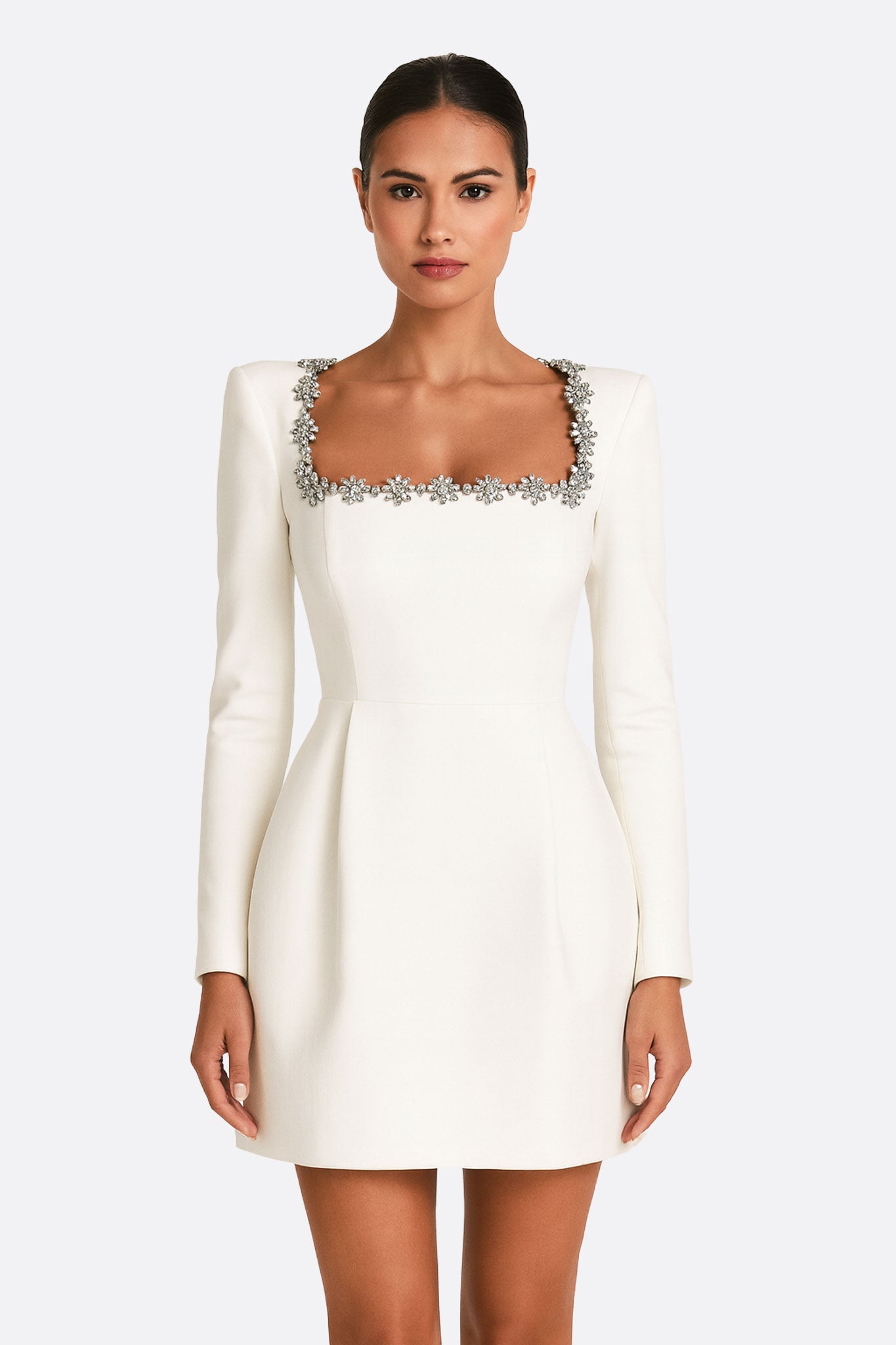Robe courte blanche en crêpe avec détails bijoux - MISCIANO