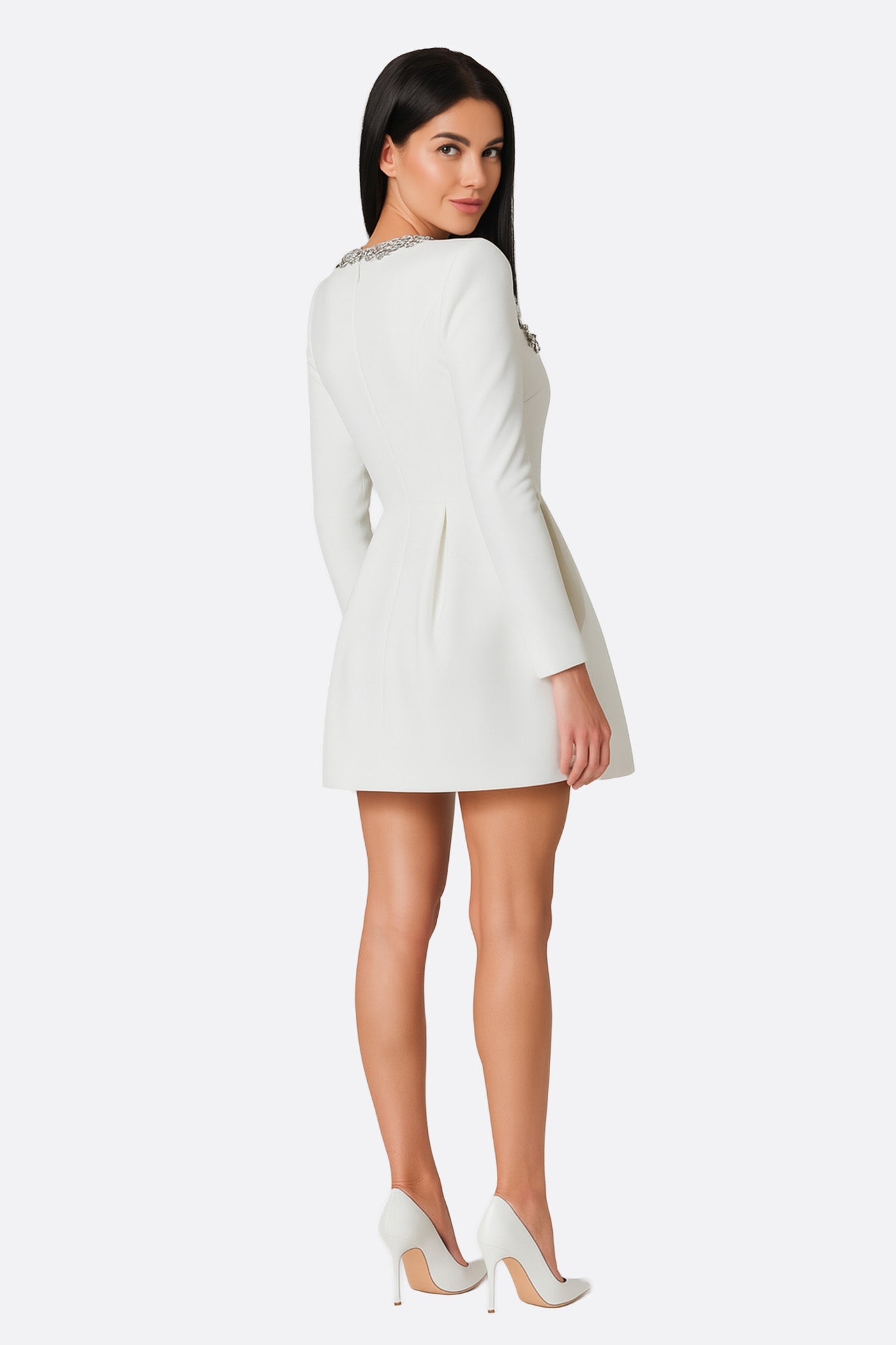 Robe courte blanche en crêpe avec détails bijoux - MISCIANO