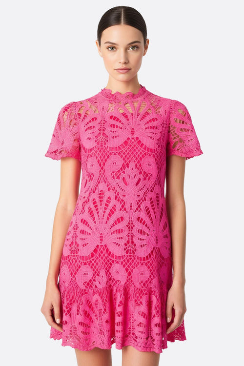 
Robe fuchsia courte en dentelle ajourée, parfaite pour une soirée chic avec ses détails raffinés et son allure élégante.



