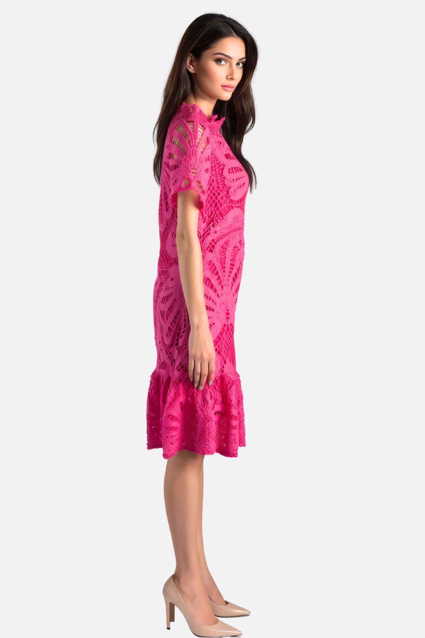 Robe courte en dentelle ajourée fuchsia - MISCIANO