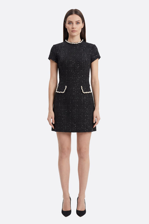 
Robe courte en tweed noir à col perlé doré - Misciano



