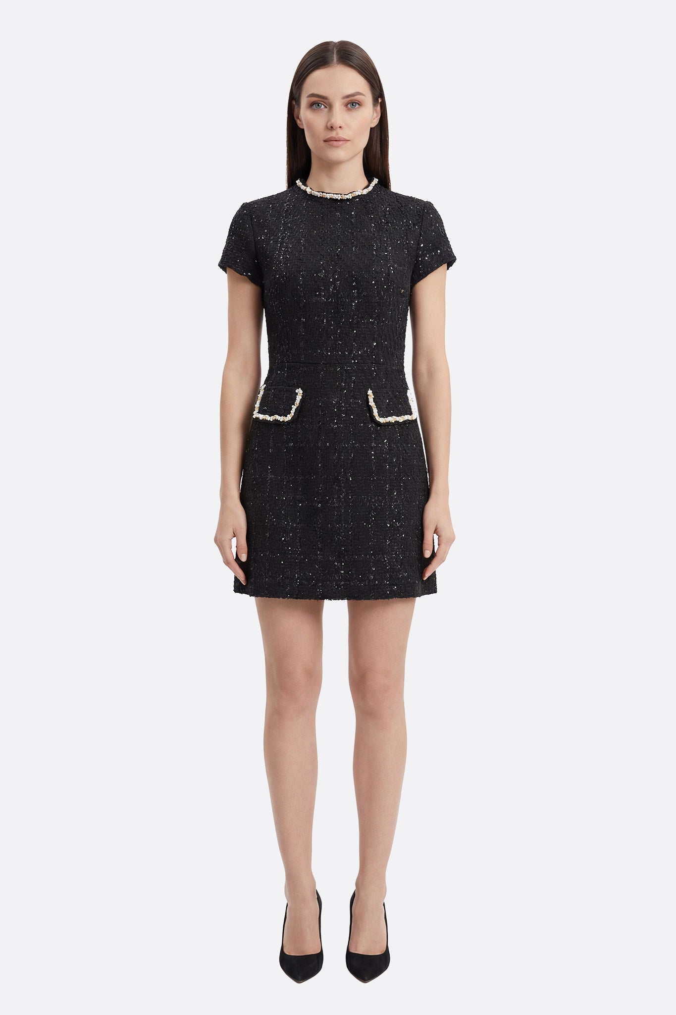 Robe courte en tweed noir à col perlé doré - Misciano