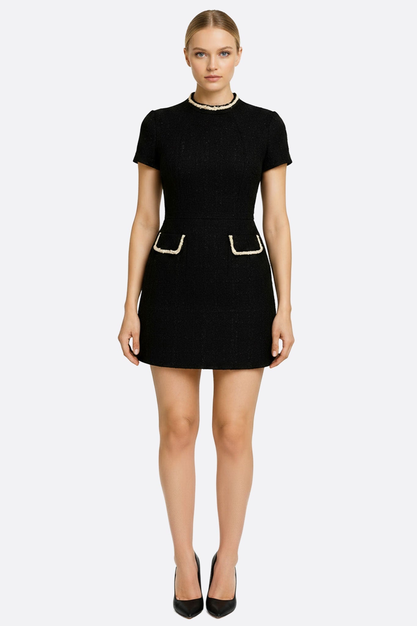 Robe courte en tweed noir à col perlé doré – Misciano