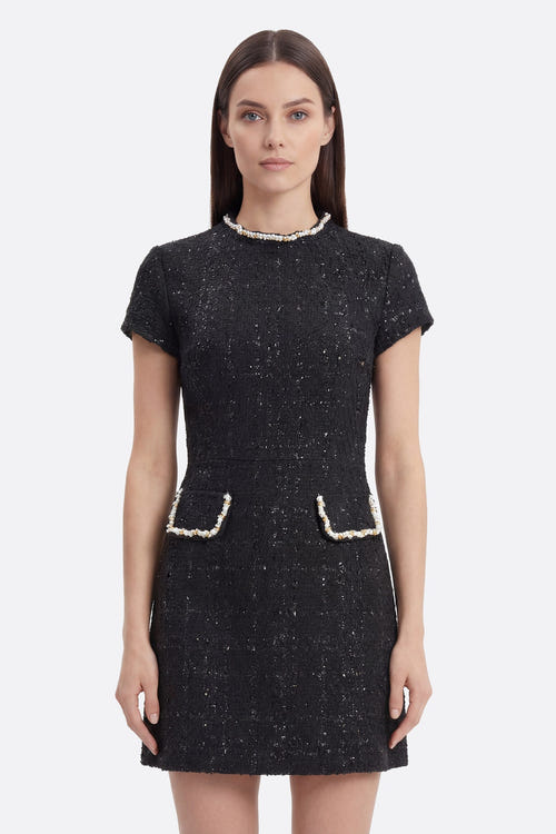 
Robe courte en tweed noir à col perlé doré - Misciano



