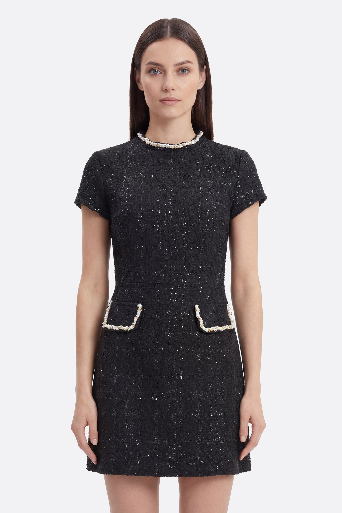 Robe courte en tweed noir à col perlé doré - Misciano
