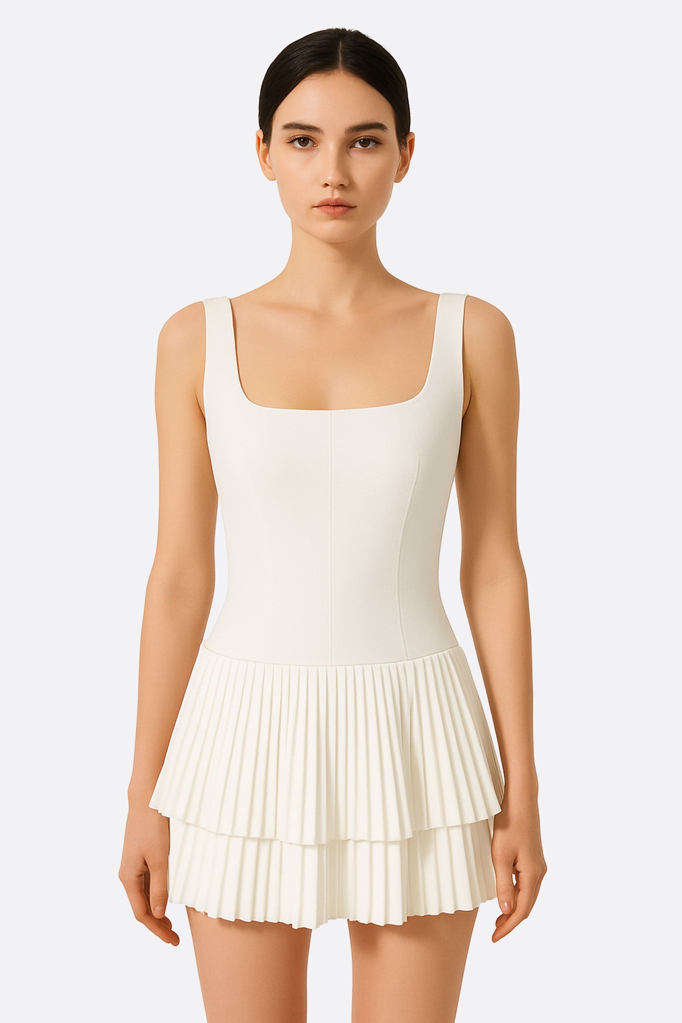 Robe courte évasée blanche à jupe plissée - MISCIANO