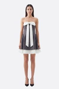 Серая короткая бретельная юбка с белым бантом