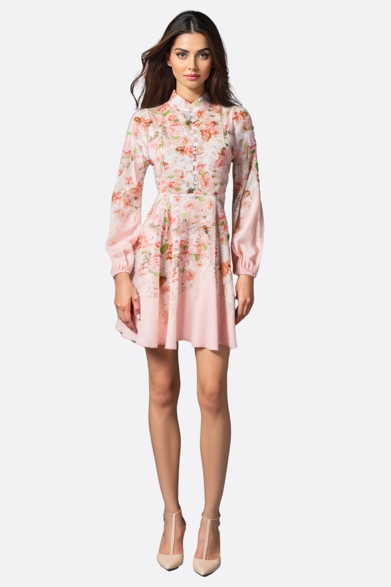 Robe courte rose à imprimé floral et manches longues bouffantes - MISCIANO