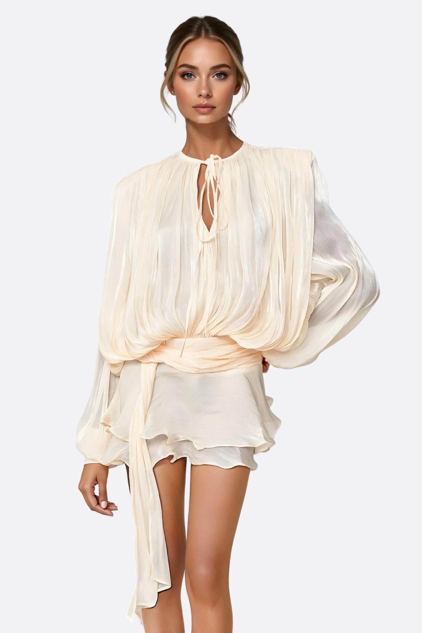 Robe courte rose poudrée drapée à volants - MISCIANO