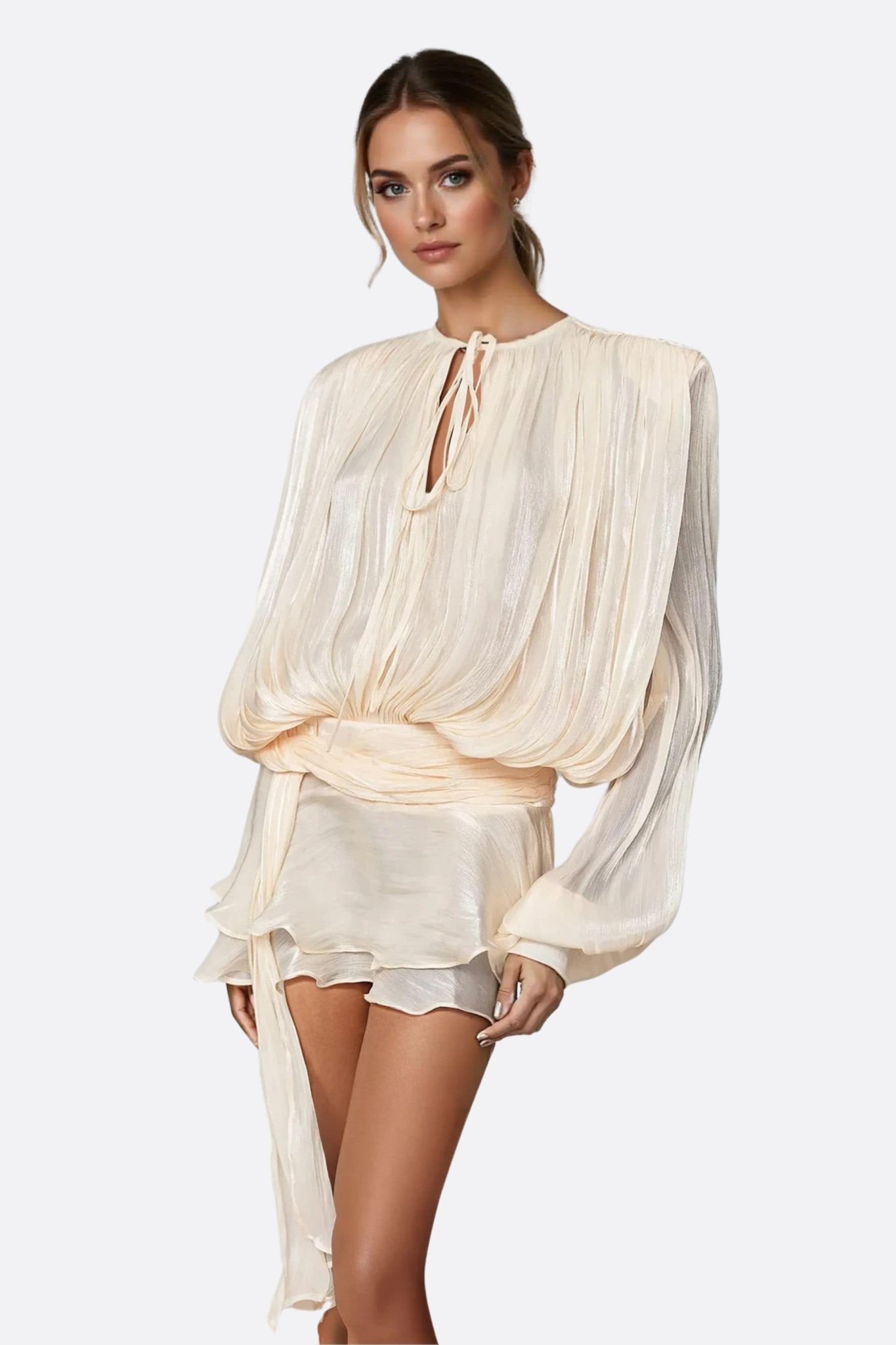 Robe courte rose poudrée drapée à volants - MISCIANO