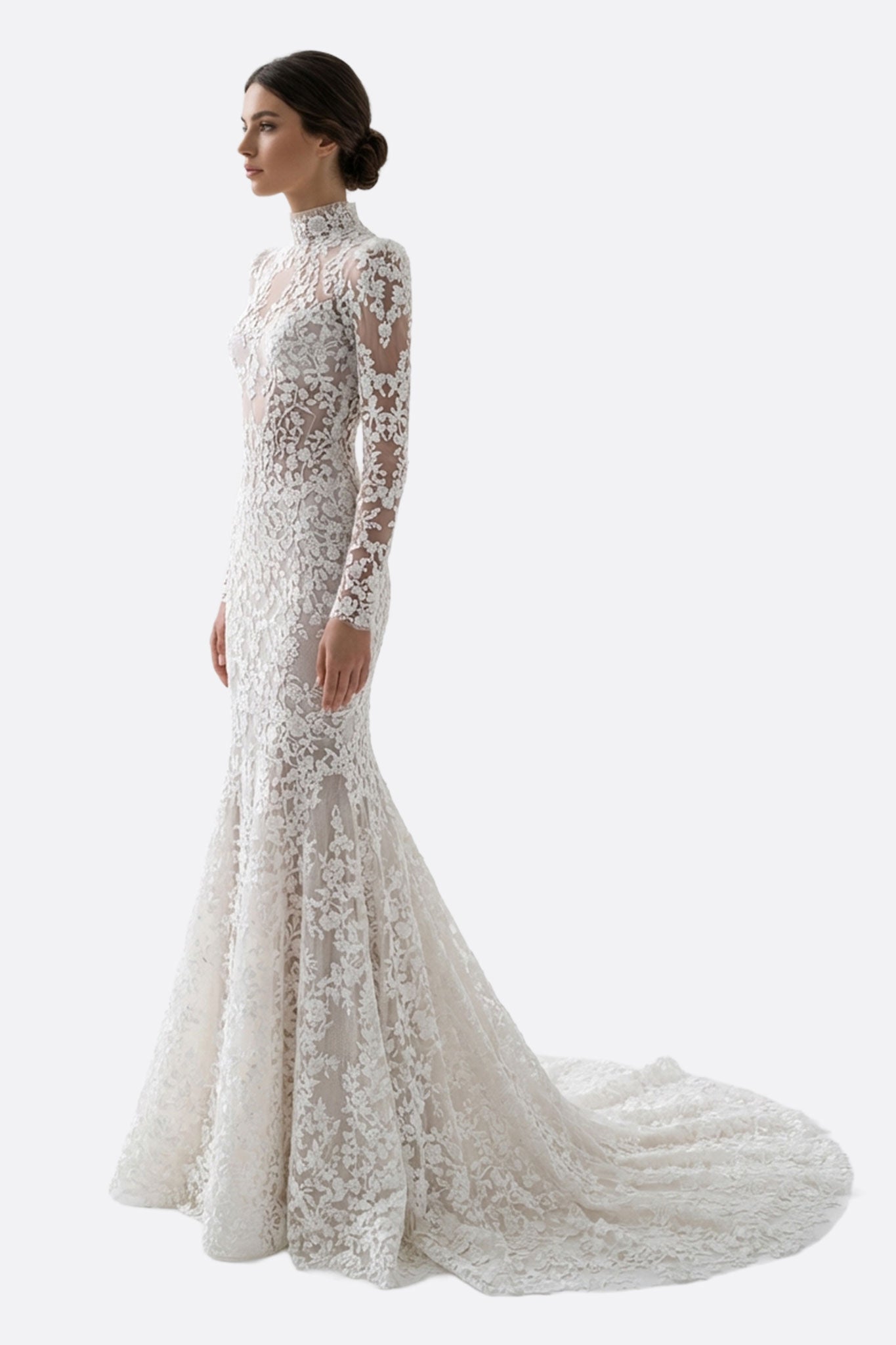 
Détail d'une robe de mariée sirène en dentelle blanche, manches longues, parfaite pour une cérémonie nuptiale élégante et...



