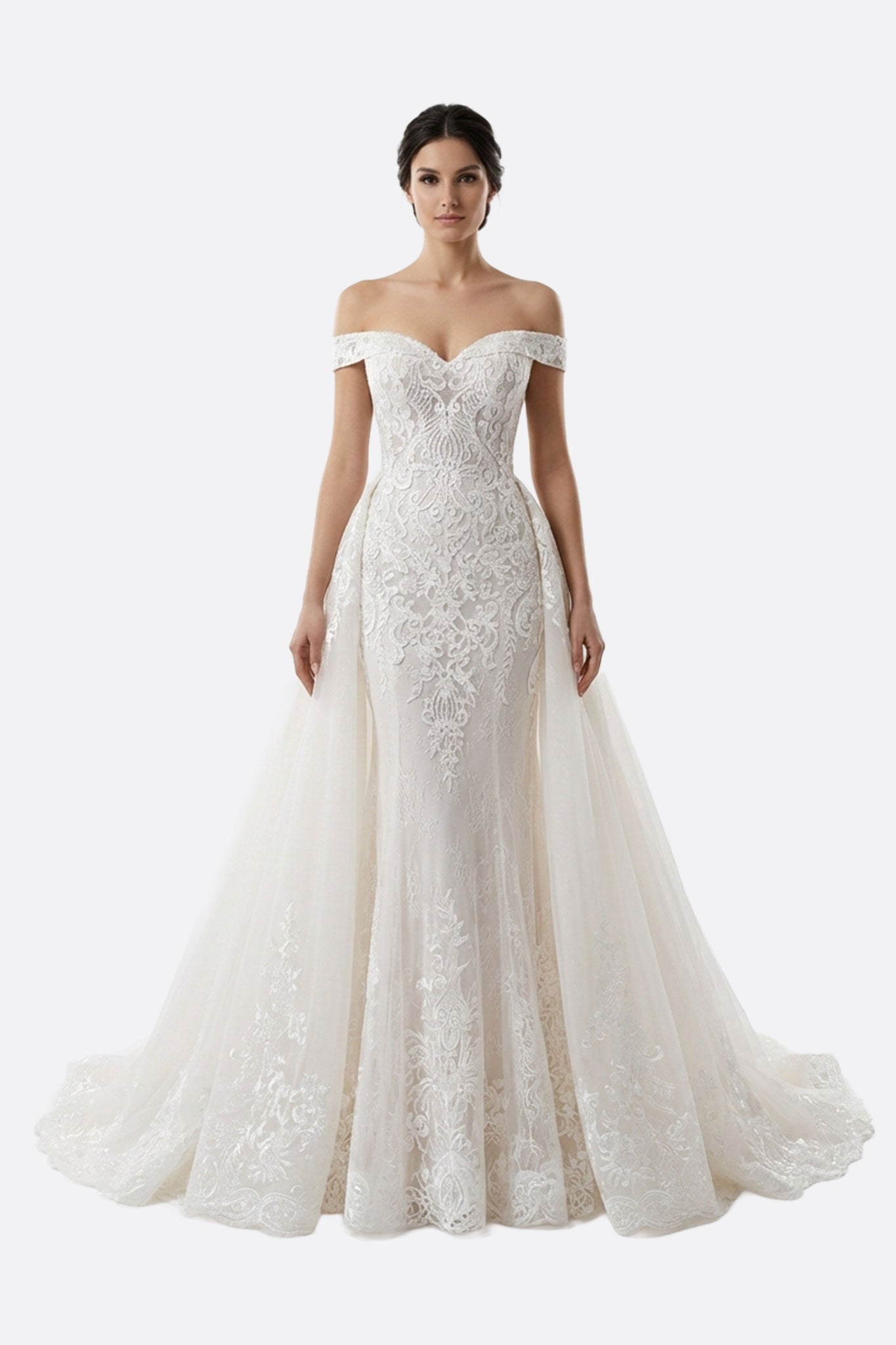 
Robe de mariée Almaris en dentelle blanche, bustier à épaules nues, sublime pour une cérémonie élégante et romantique.



