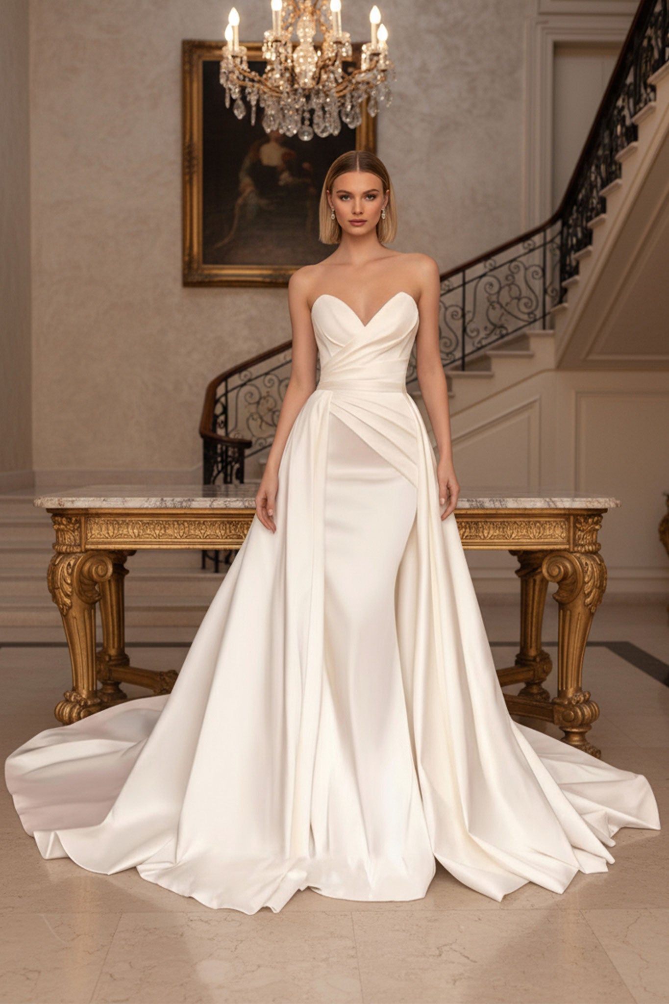 Vue alternative d'une robe de mariée blanche à bustier, mettant en avant la fluidité de la traîne et la finesse du satin.