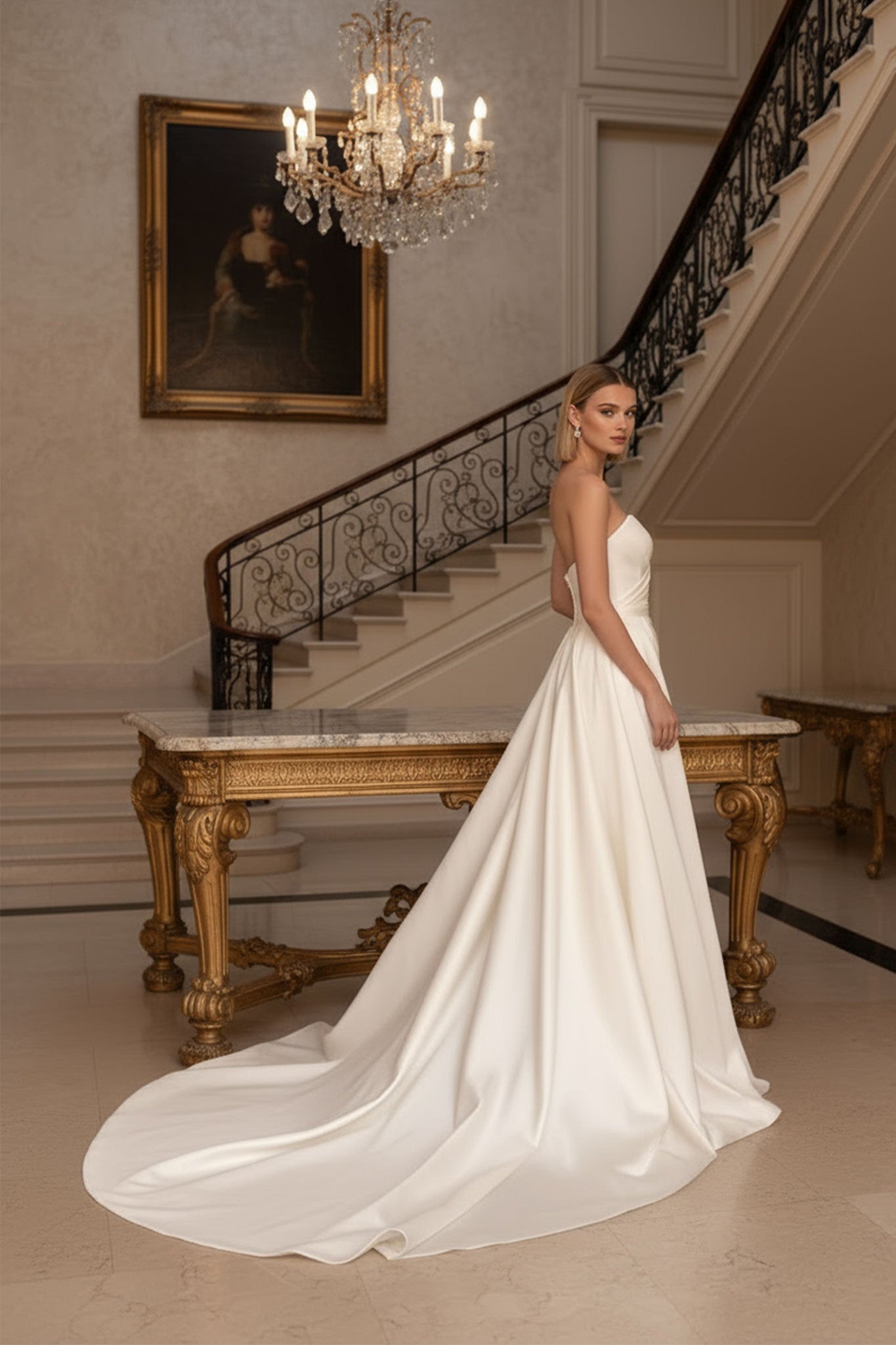 Detalle del dorso de un vestido de novia largo blanco con bustier, mostrando su traíña lujosa y la suavidad de su satén...