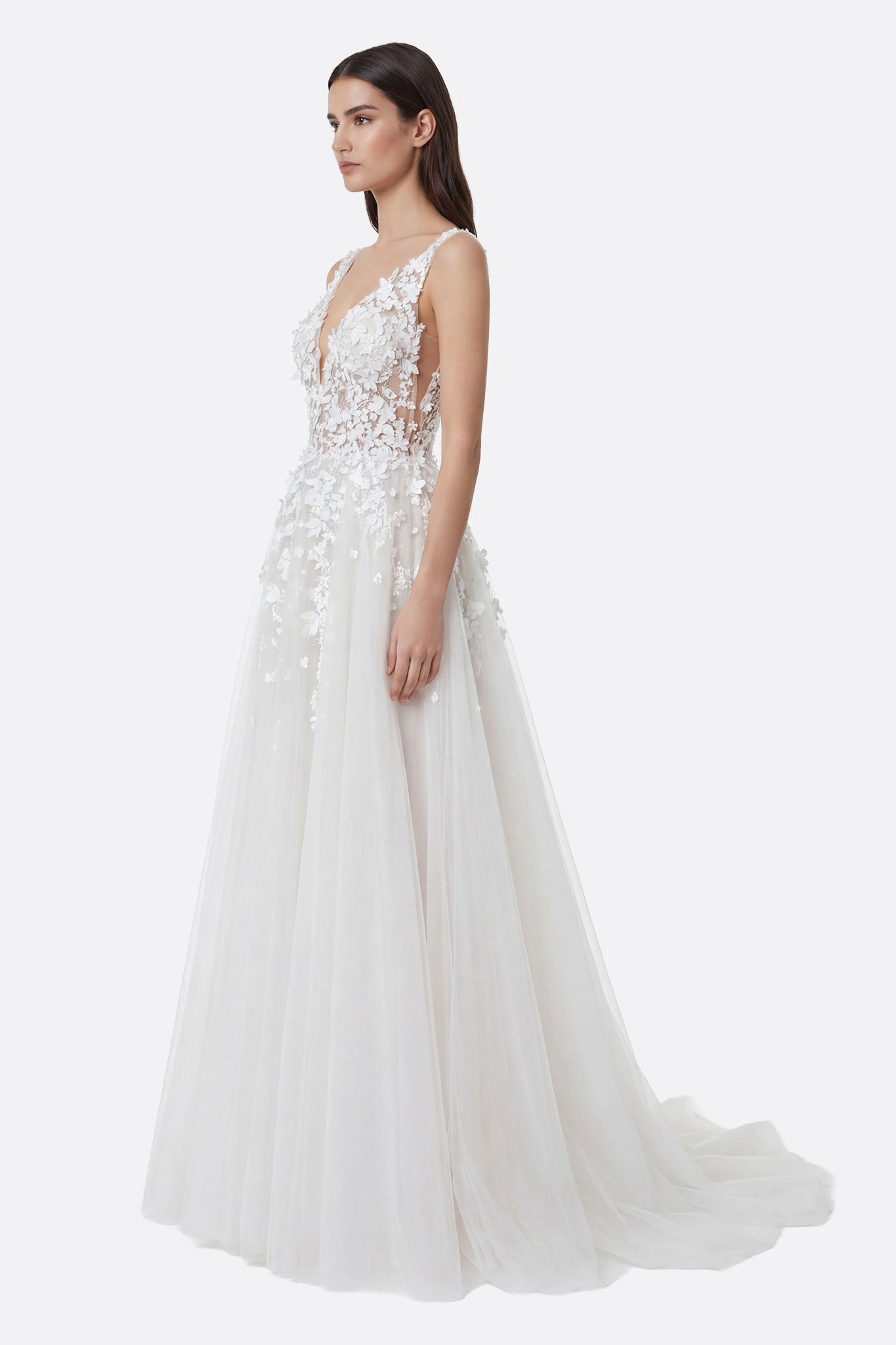 Robe de mariée princesse en tulle nude et dentelle florale - Misciano