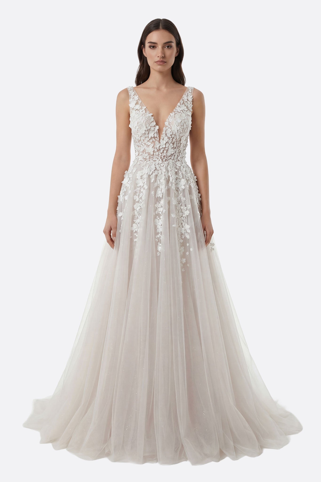 Robe de mariée princesse en tulle nude et dentelle florale - Misciano
