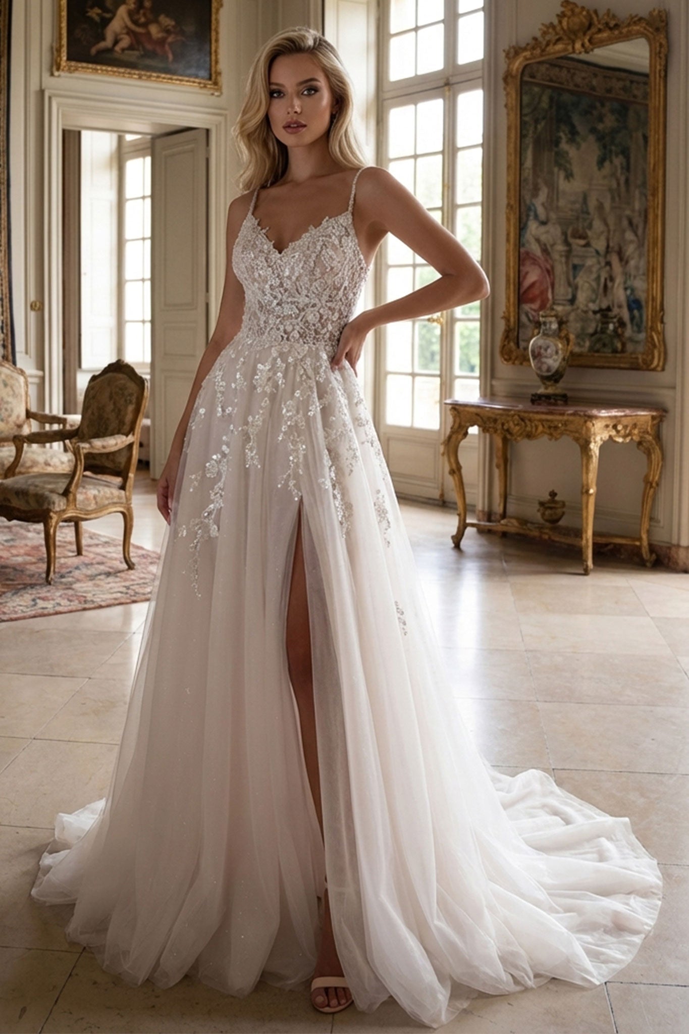 
Perspective alternative de la robe de mariée Trinity en dentelle blanche, mettant en valeur sa silhouette fluide et ses...



