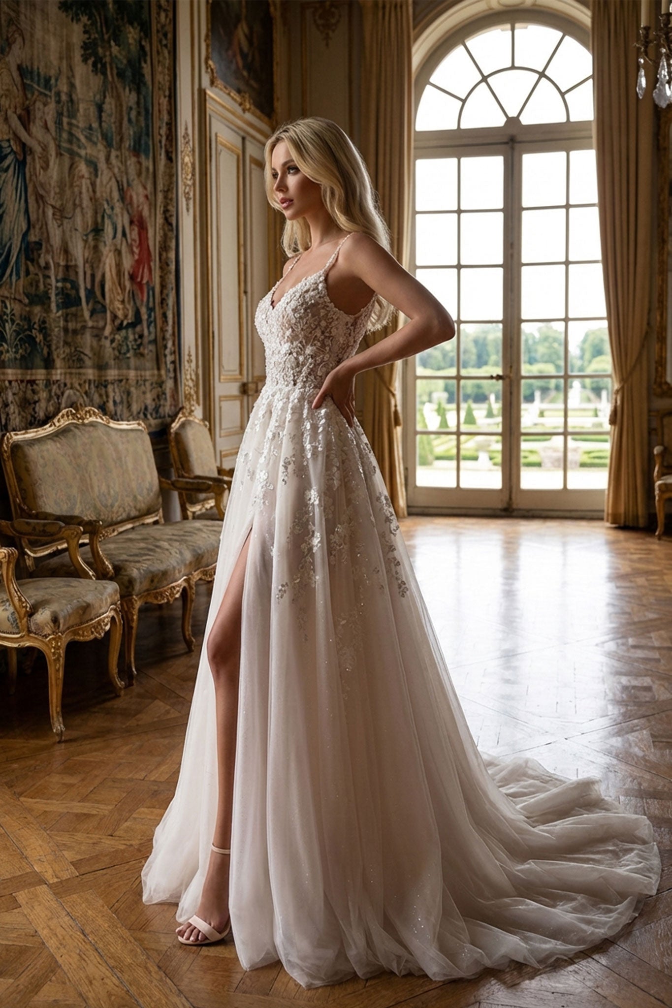 
Robe de mariée blanche longue en dentelle, mettant en lumière l'élégance des bretelles fines et la fluidité de la coupe.



