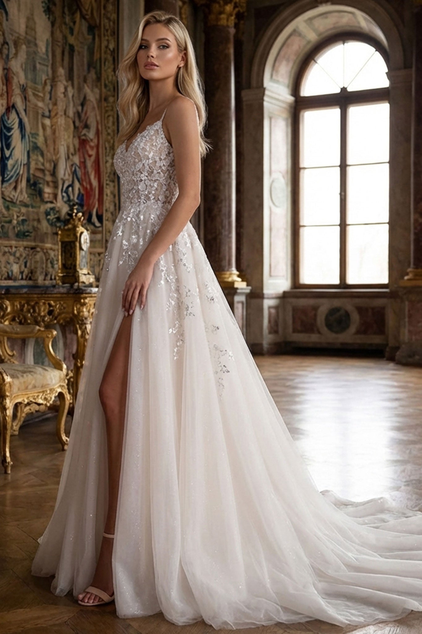 
Prise de vue alternative de la robe de mariée Trinity en dentelle blanche, exposant sa coupe fluide et ses bretelles fines.



