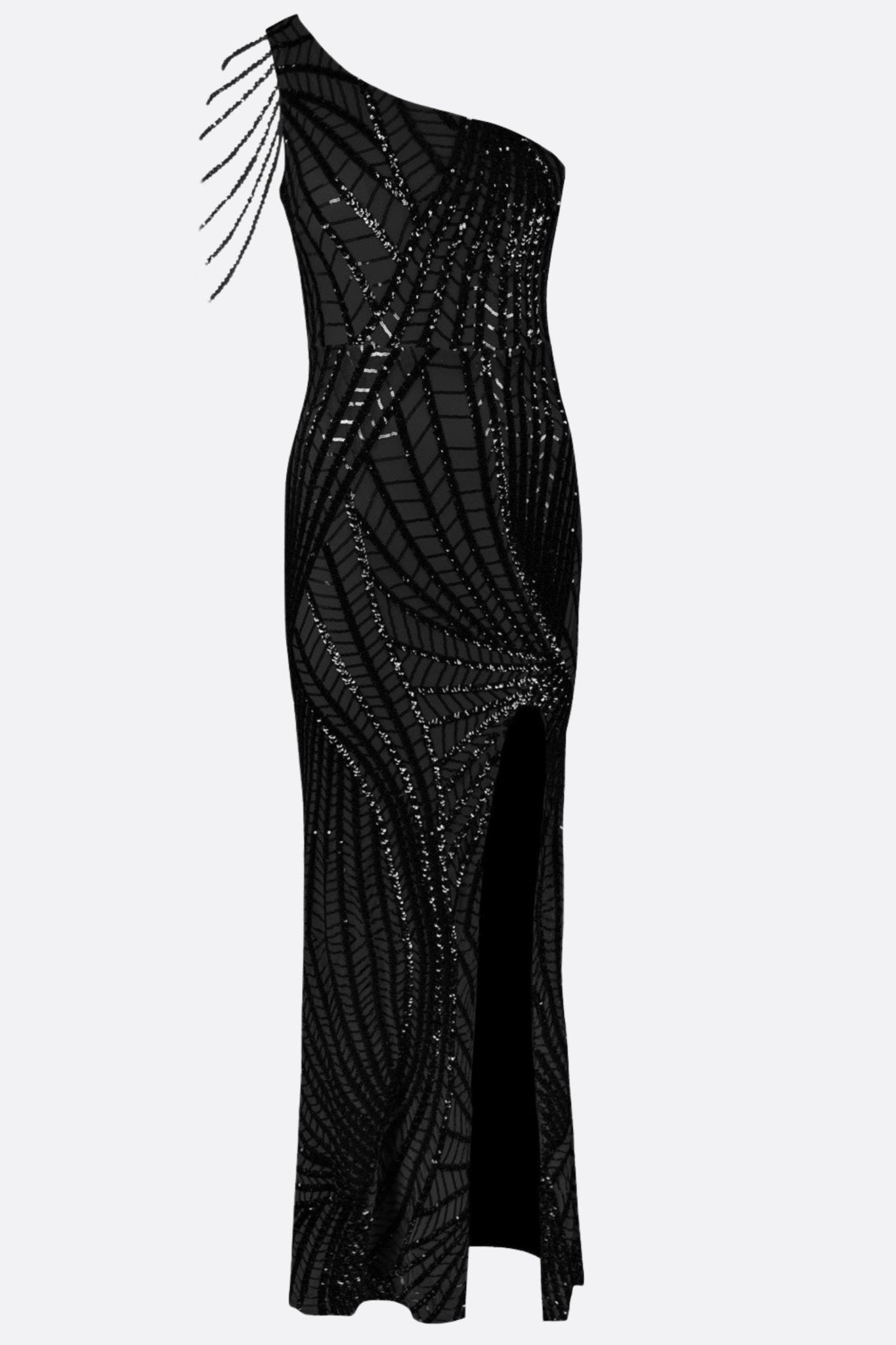 Robe noire asymétrique en tissu fluide, accentuée par une fente sophistiquée et des perles lumineuses, parfaite pour les...